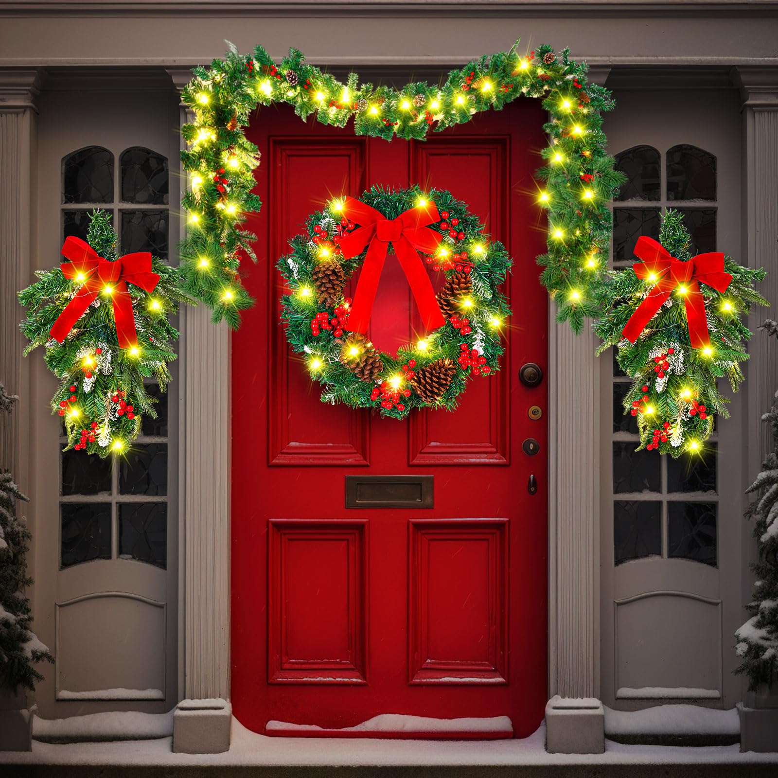 4 Pcs Pre Lit Artificial Christmas Wreath Garland Set with LED Include 20" Snowy Wreath 2 Christmas Teardrop Swag 9ft Garland Xmas Wreath with Bow Red Berry for Xmas Celebration Front Door