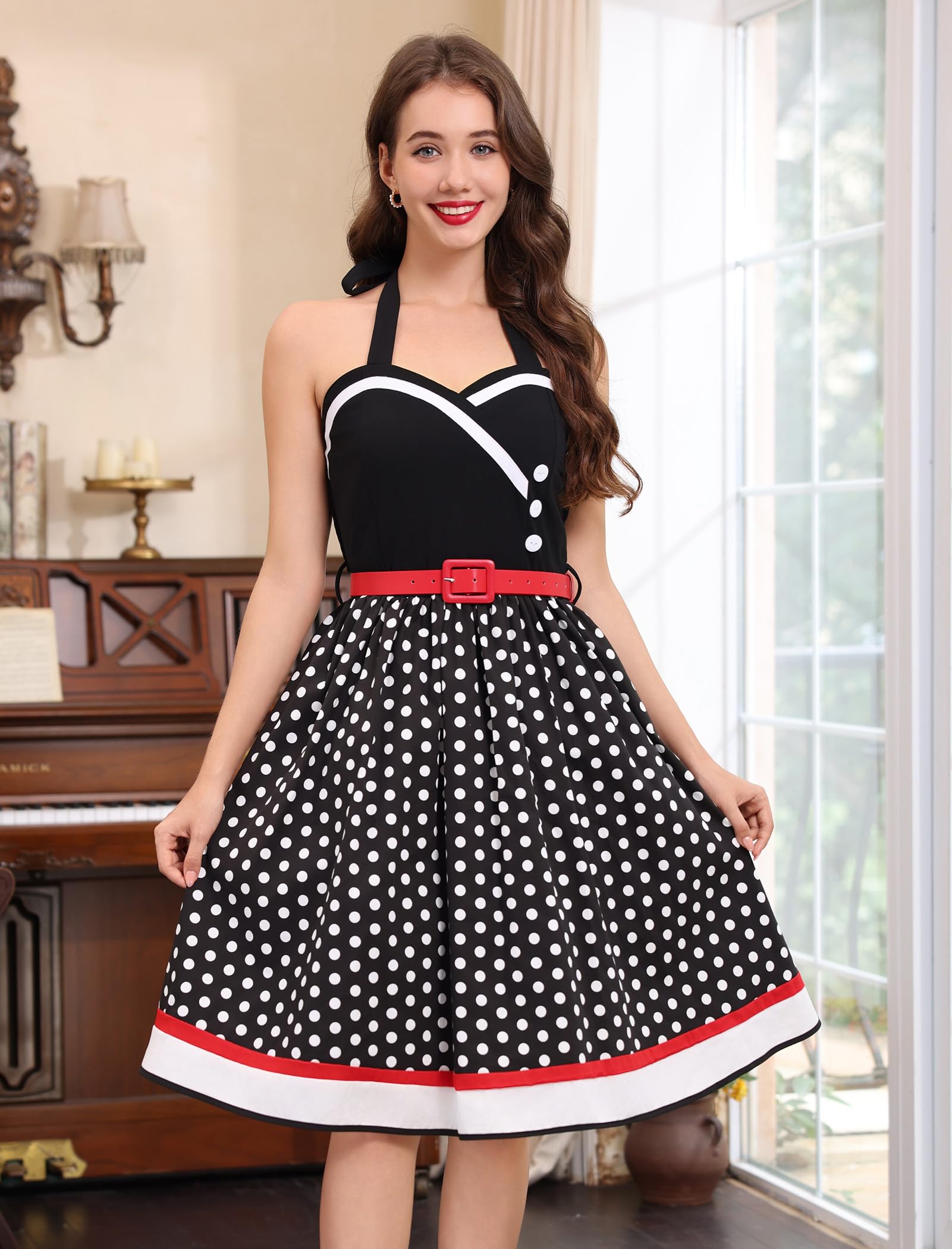 Robe trapèze des années 50 pour femme - Style rétro années 50 - Avec ceinture - Motif floral à pois - Rockabilly