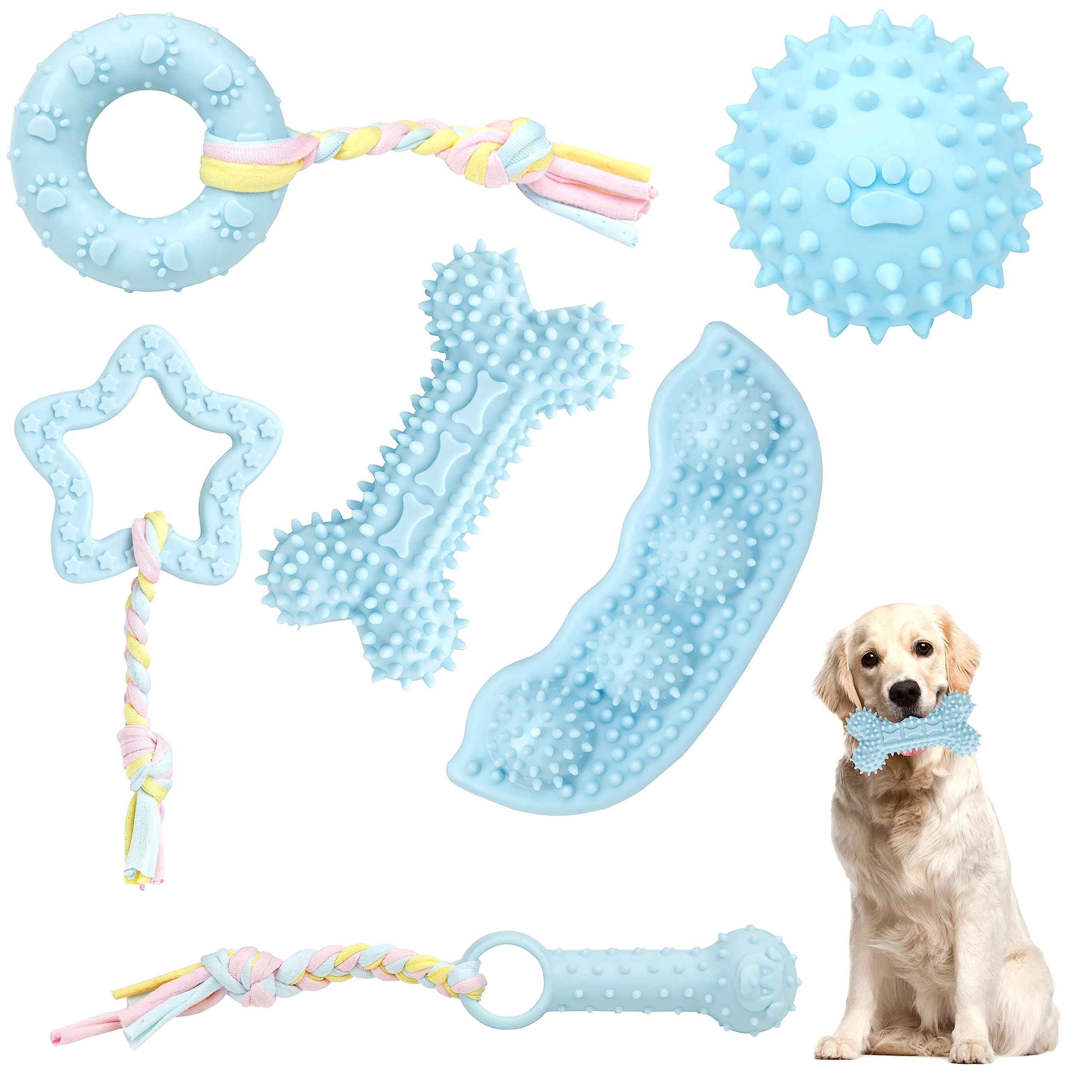 6 Pack Pet Dog Puppy Chew Toys for Teething Small Dogs,Soft Natural Rubber Blue Interactive Dog Puppy Toys Fun Cleaning Squeaky,Funny Dog Chew Toys for Small Medium Breed