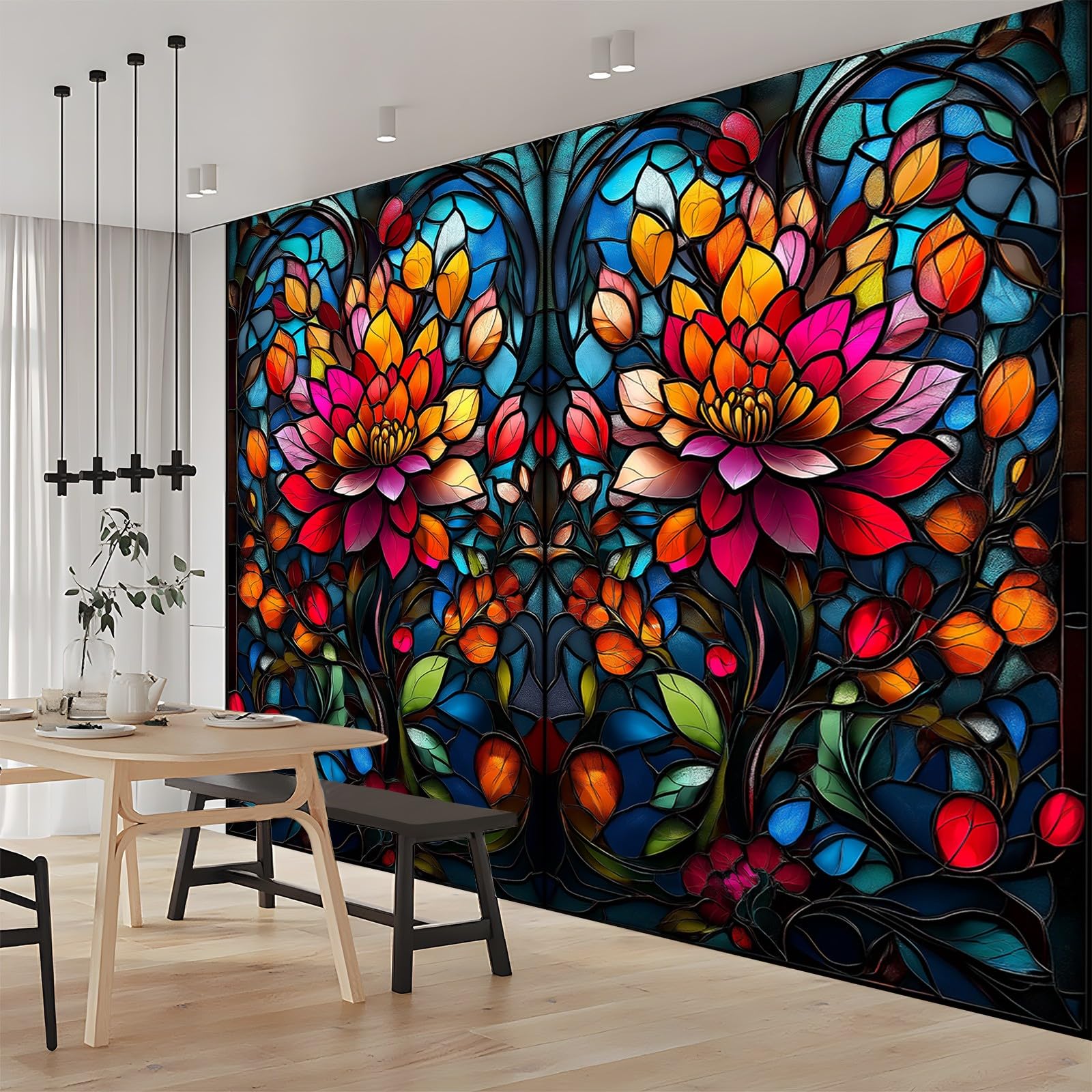 Panoramiczna tapeta witraż kwiaty kolor czarny 300 x 210 cm (szer. x wys.), panoramiczna gigantyczna tapeta 3D salon sypialnia jadalnia pokój dziecięcy dekoracje ścienne z włókniny