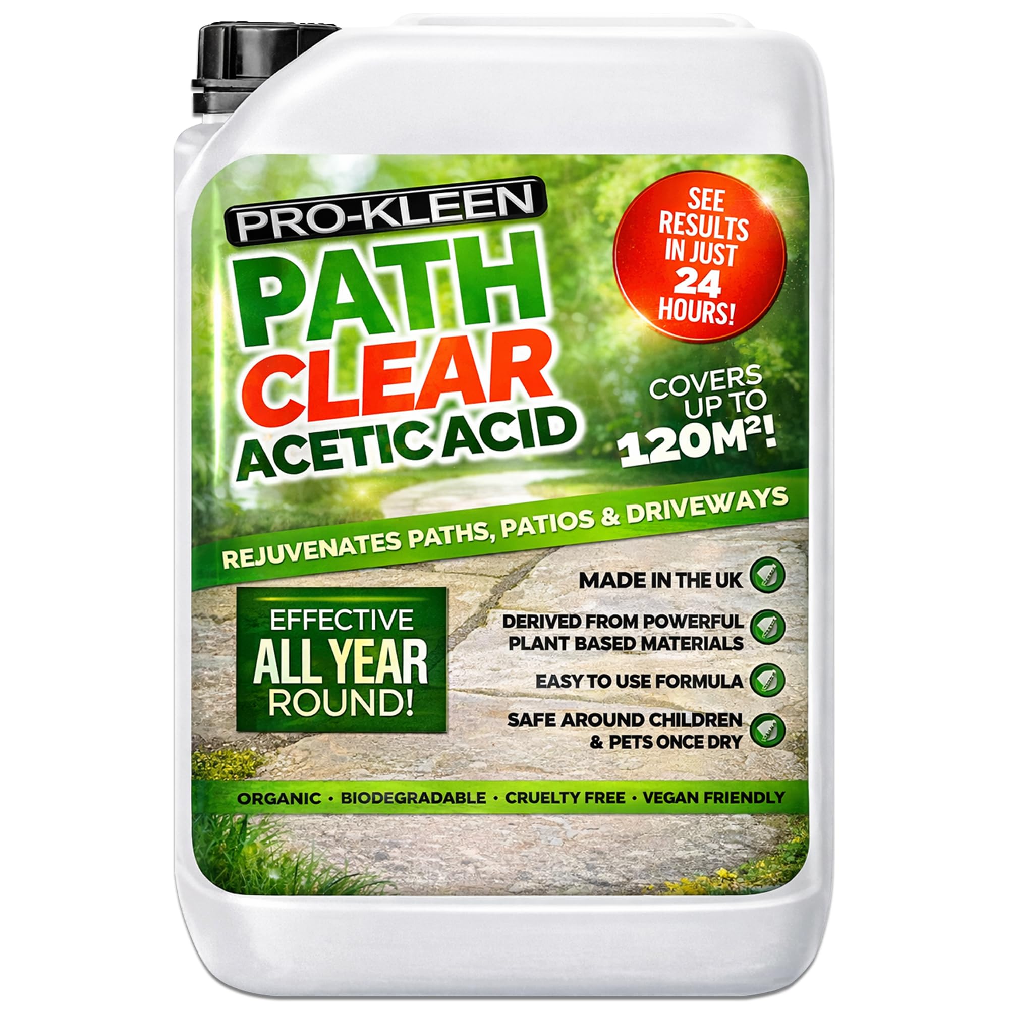 Pro-Kleen Path Cleaner Acetic Acid Concentrated 30% - Glyphosate Free - See Results In Hours, Double Strength - Eco-Friendly, Organic, Children and Pet Safe Once Dry (5 Litres)