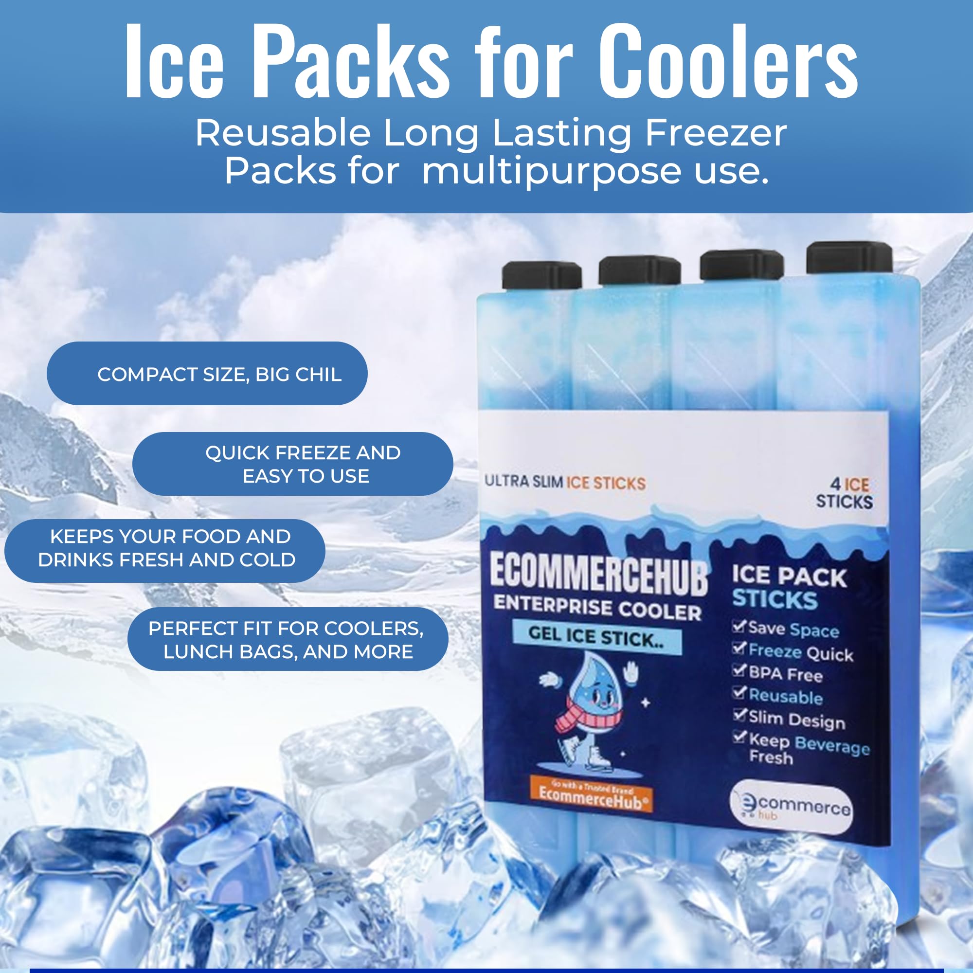 EcommerceHub® Ice Packs for Coolers Reusable Long Lasting Freezer Packs for Cold therapy, Pain Relief Lunch Bags/Boxes, Cooler Backpack, Camping, Picnics, Fishing & More (Set of 4, Blue)