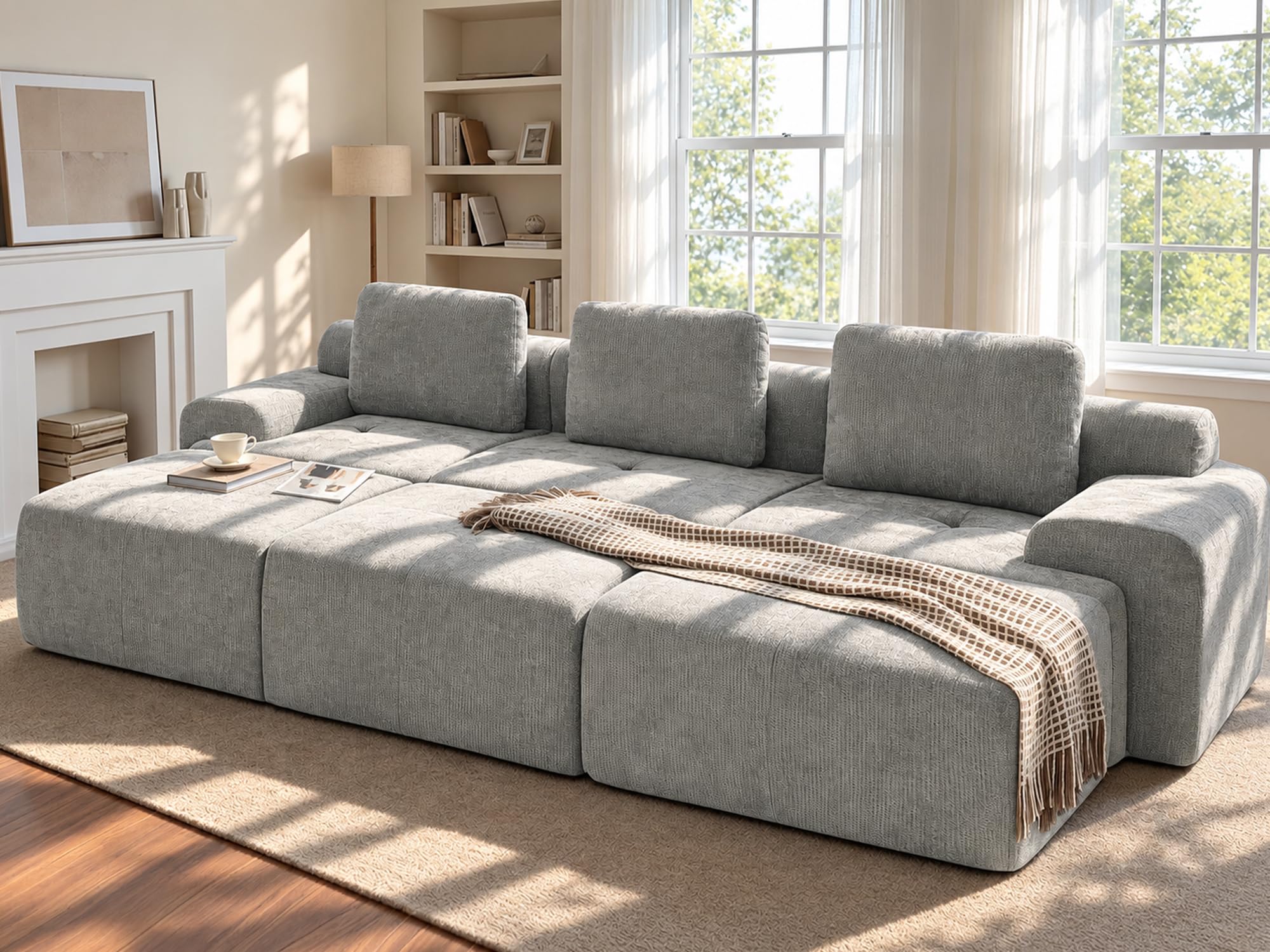 122" Oversized Boneless Couch, Comfort Cloud Sectional Couches for Living Room, Modular Sofa High Back &amp; Extra Deep Seat, No Assembly, Soft Chenille Fabric (Light Grey, 122 inch-（3+3）)