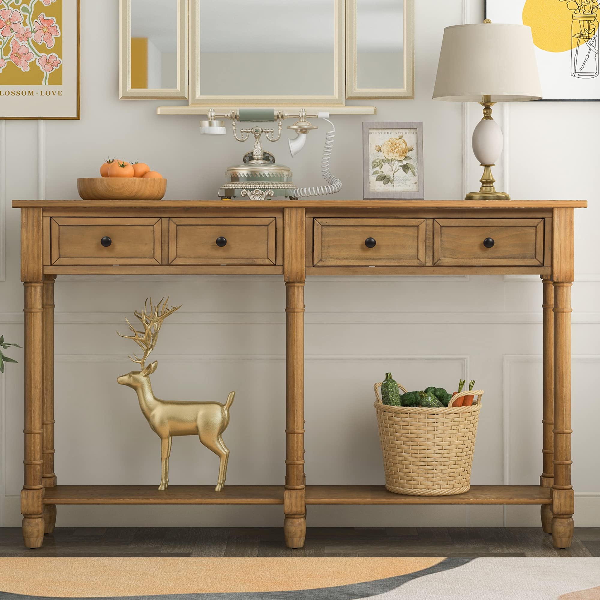 P PURLOVE Wood Slim Console Table with Drawer 58 Inch Long Sofa Table with Bottom Shelf for Living Room Bedroom Hallway Entryway