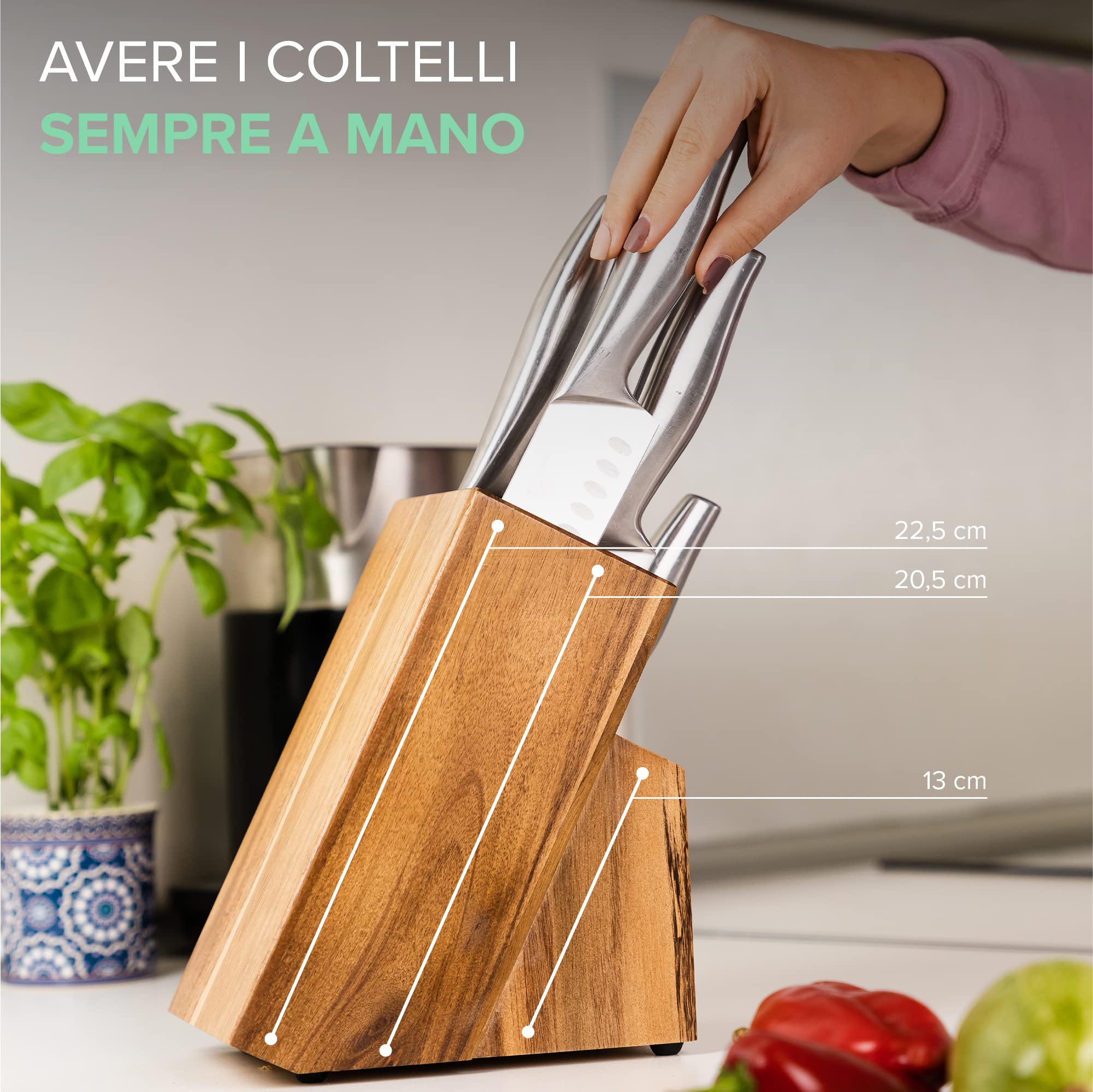 Coninx Ceppo Coltelli da Cucina in Legno Acacia - Porta Coltelli Cucina - Ceppo Coltelli Vuoto - Blocco Coltelli Universale senza Coltelli - 13 x 19.5 x 23 cm