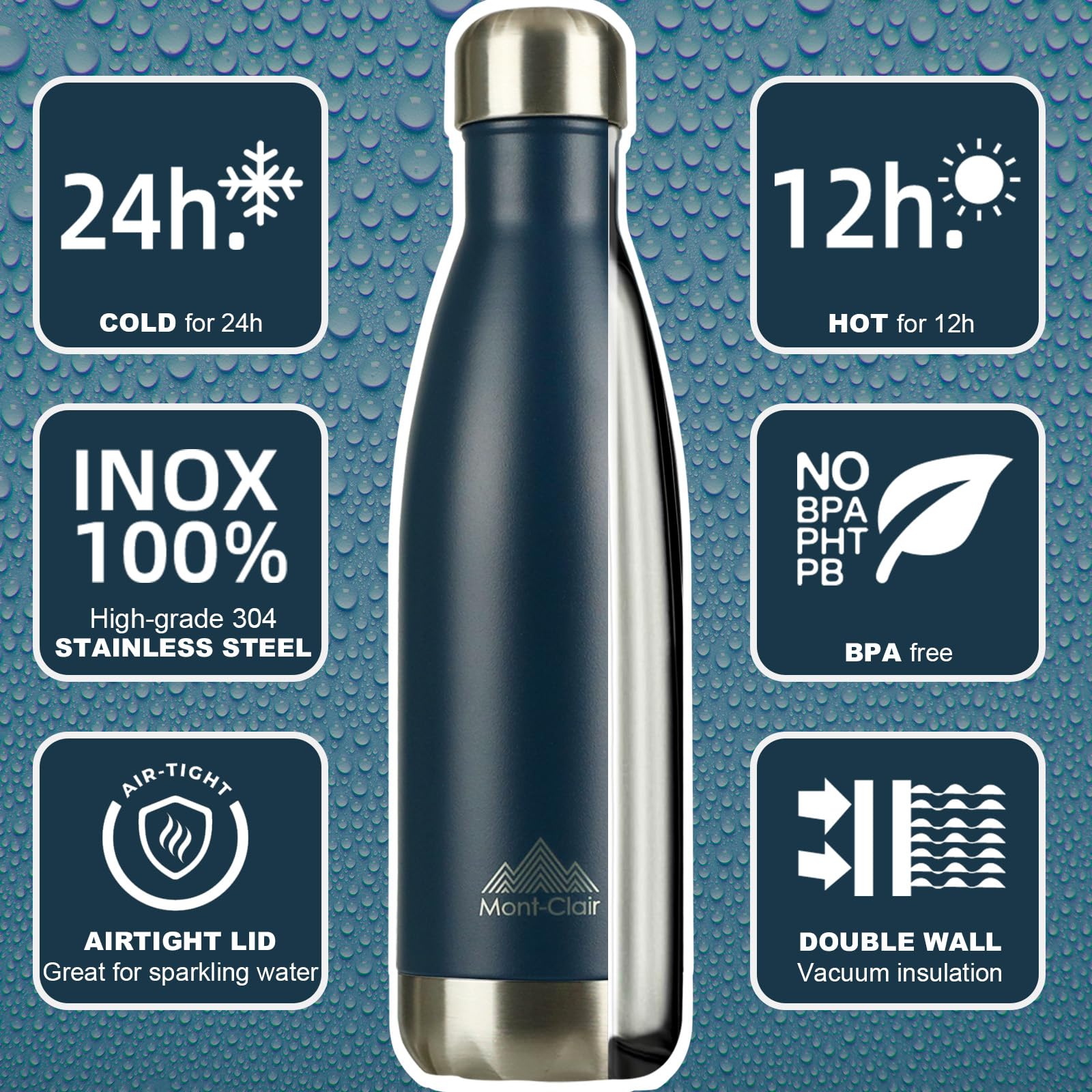 Mont-Clair H2O Roestvrijstalen waterfles, vacuüm geïsoleerd en BPA-vrij, 12 uur hete en 24 uur koude drinkfles, metalen lekvrije 750 ml waterfles, ideaal voor volwassenen, kinderen, hardlopen - zilver