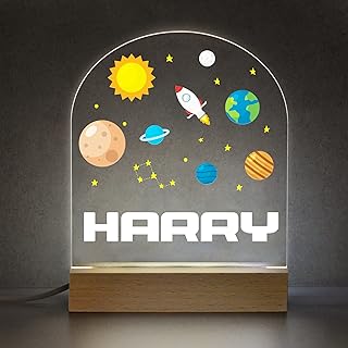 Space Bedroom Night Light with Childs Name, Personalised LED Night Light For Boys Girls, Boys Girls Nursery Bedroom Decor, Boys Girls Sleep Light Lamp, Planets Night Light