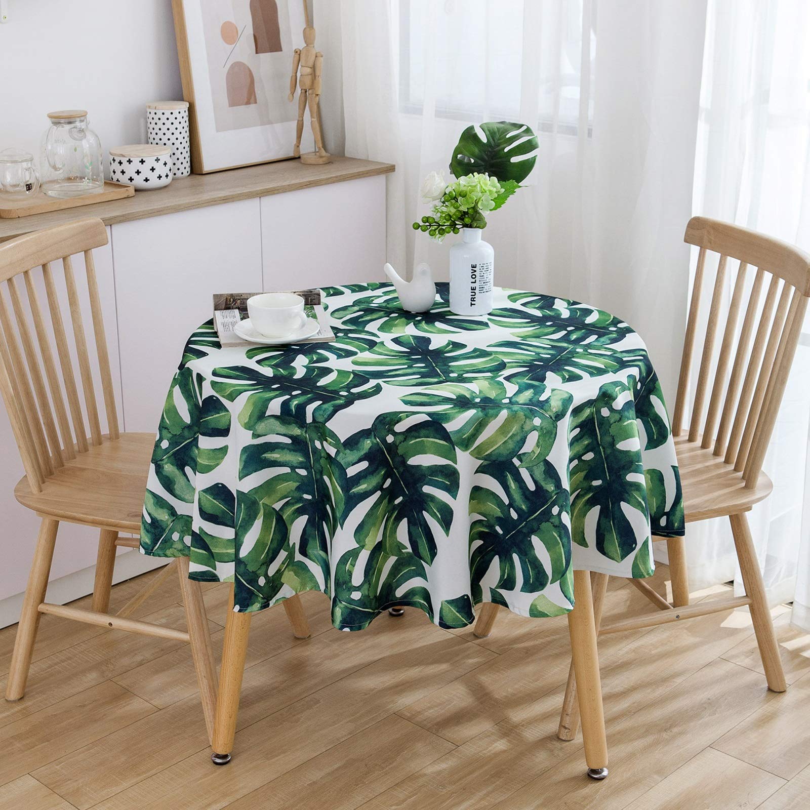 Nappe ronde 150cm coton décorative motif plante tropicale