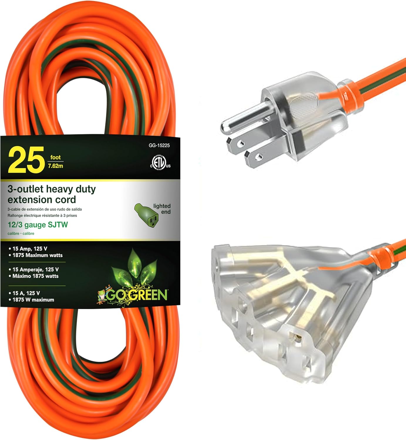 GoGreen Power (GG-15225) 12/3 25’ SJTW 3-Outlet Heavy Duty Extension Cord, Lighted End, 25 Ft
