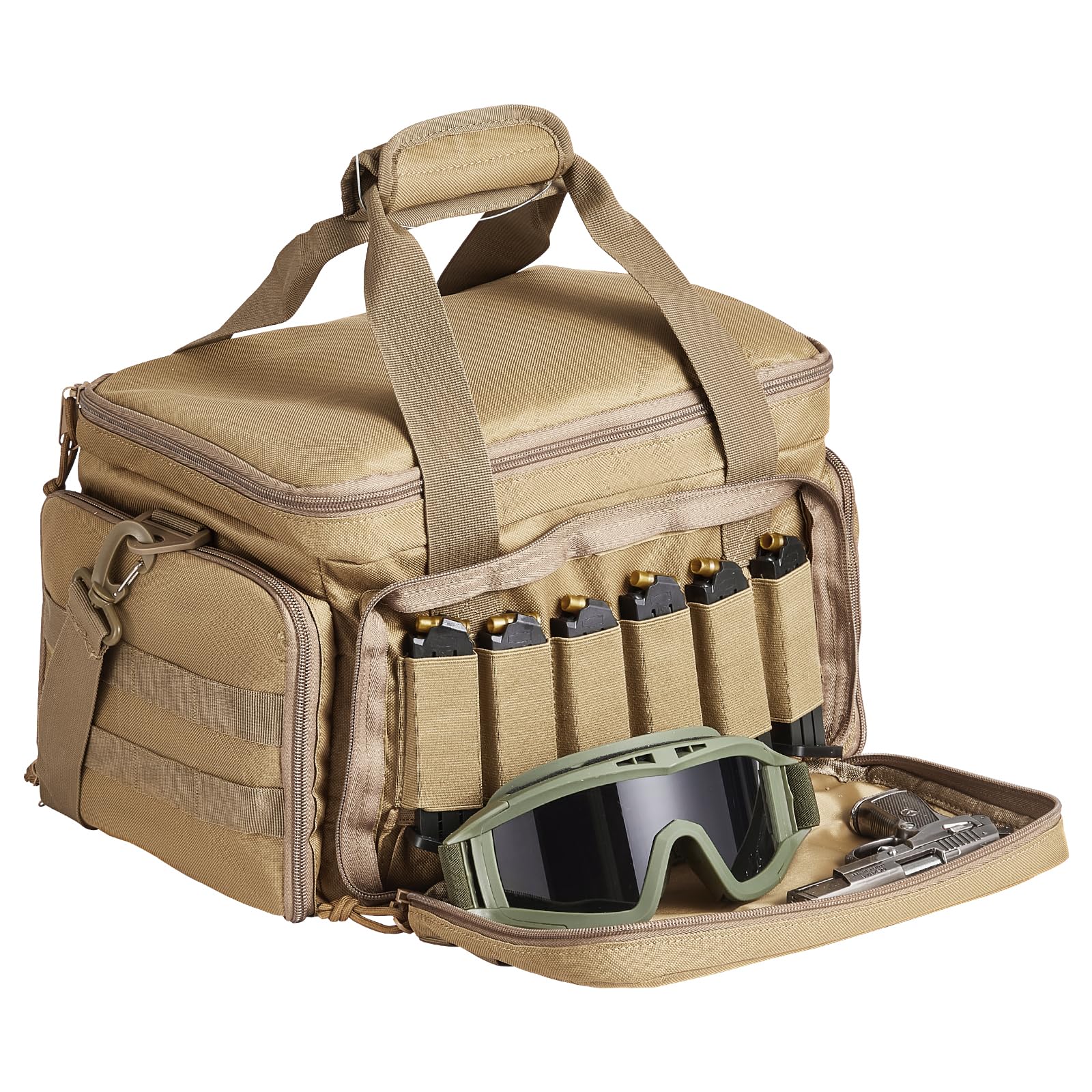 VEVOR Estuche Blando para 4 Pistolas Bolsa para Pistola con 3 Deflectores Desmontables y 6 Cargadores Bolsa de Arma con Una Sola Tira para el Hombro para Campo de Tiro de Caza al Aire Libre, Marrón