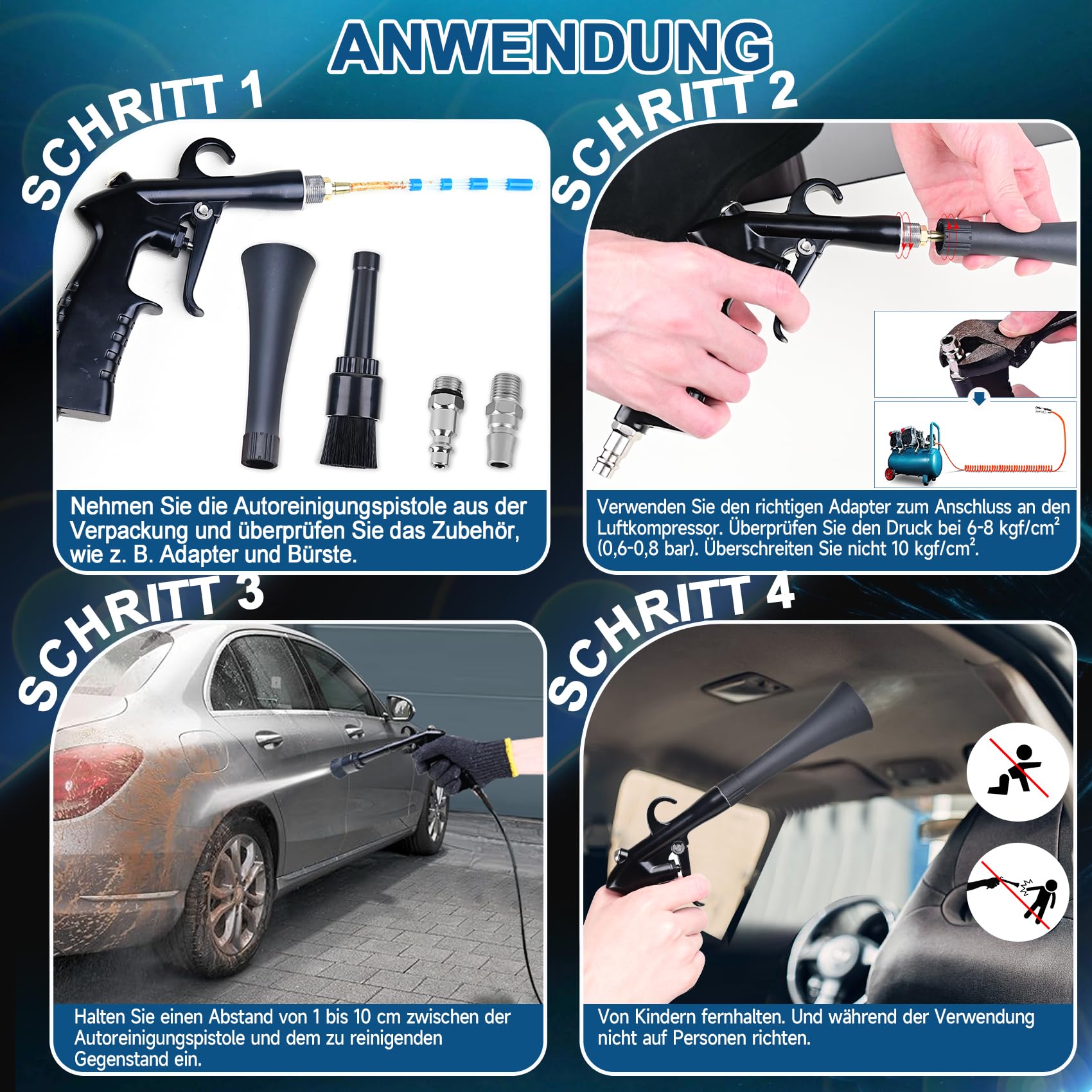 Autoreinigungspistole für die Innenraumreinigung, Trockner-Luftblaspistole, Hochdruck-Gebläsepistole, Autoreinigungswerkzeuge für Autos, entfernt schnell Schmutz und Staub, funktioniert mit Luft