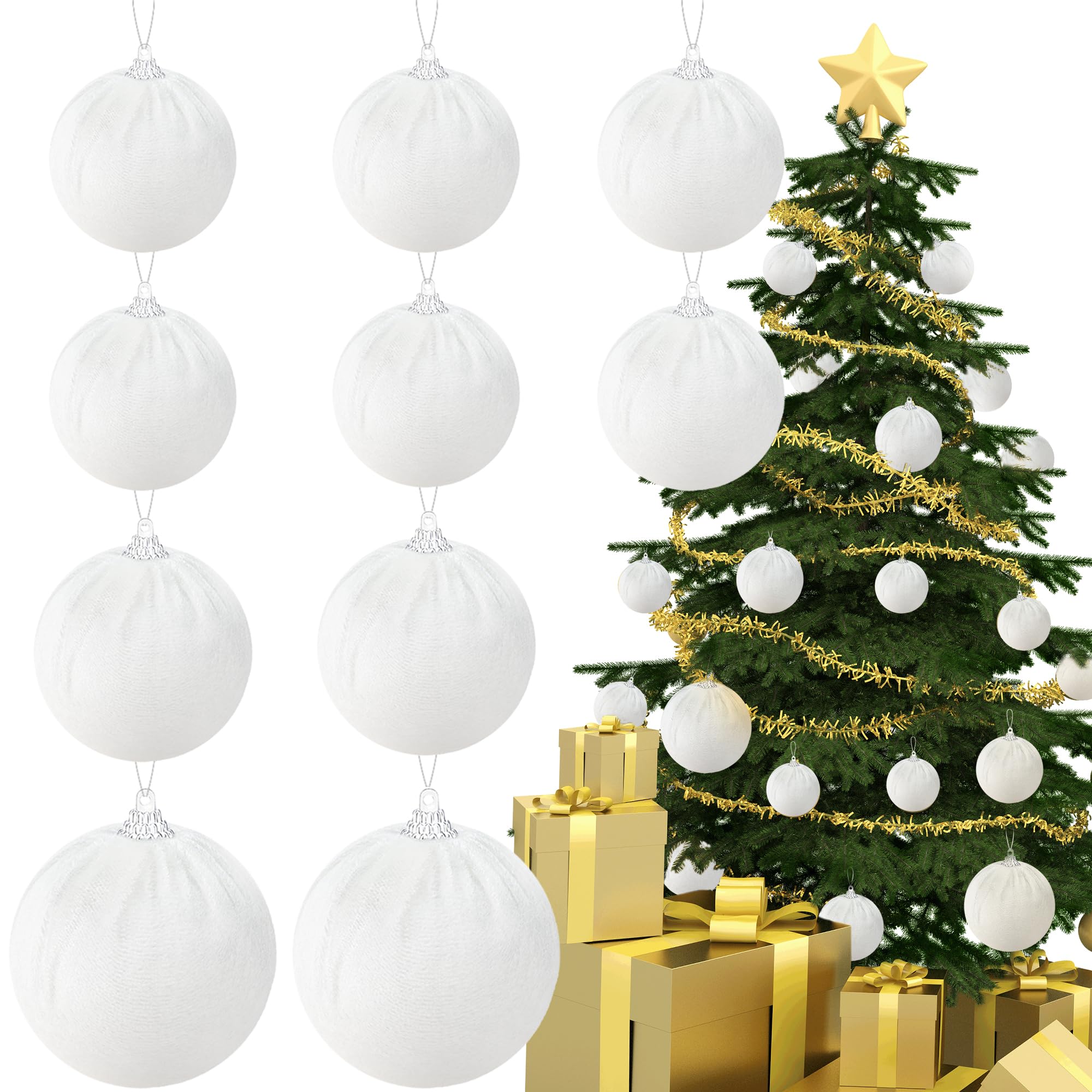 Gresorth 10 Piezas Terciopelo Bola Adorno Plástico Inastillable Tejido Envuelto Bola Flocked Hecho A Mano Colgar Navidad Árbol Inicio Chimenea Blanco