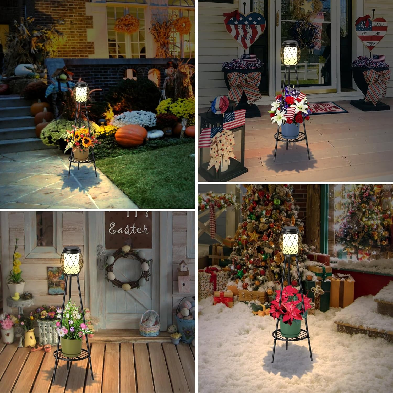 Solar Lights Outdoor with Plant Stands 2 Pack, Solar Floor Lamp Metal Tripod Patio Lights for Garden Yard Pathway Driveway Front/Back Porch Decoration-B- 2Pack Black - Single shelf