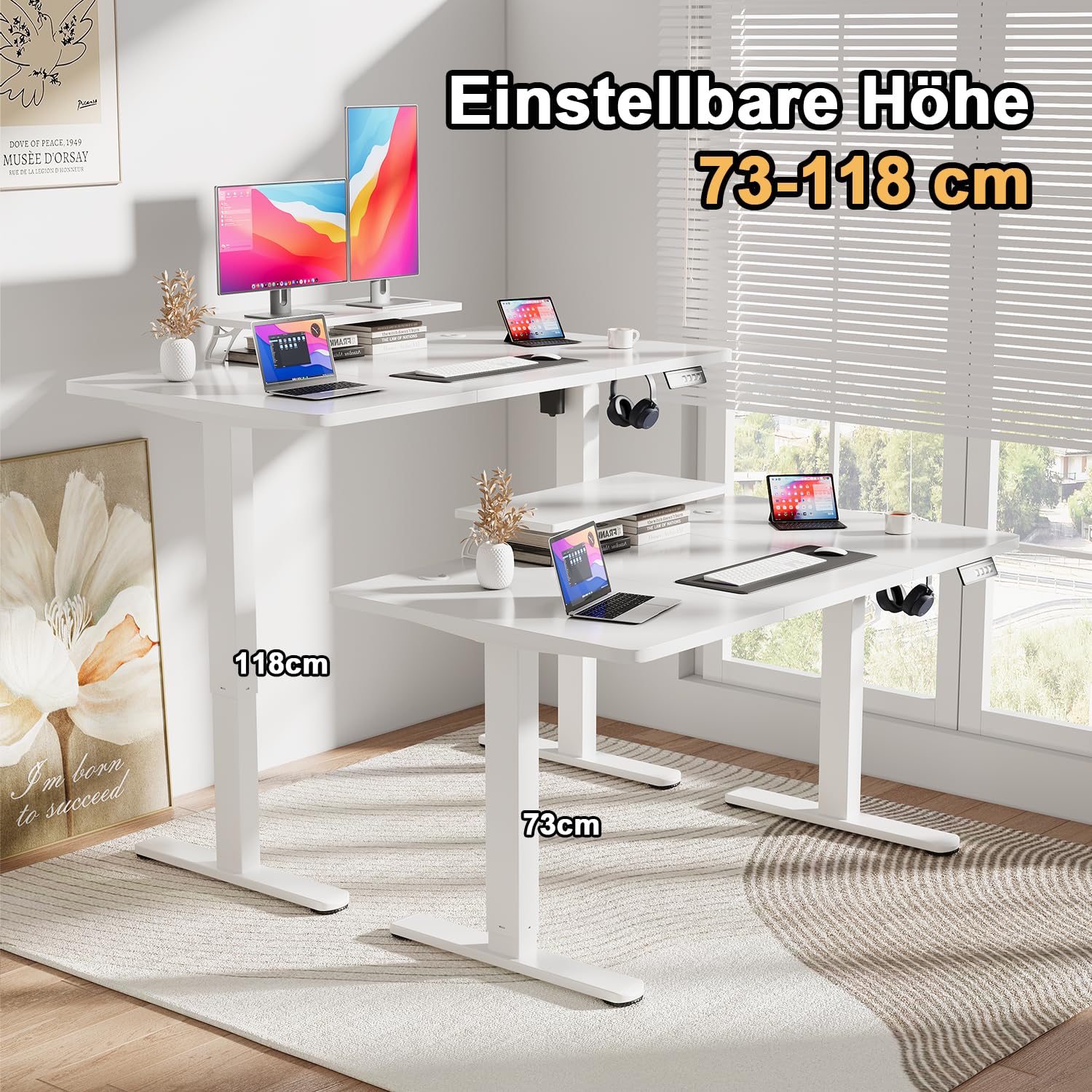 JUMMICO 120 x 60 cm Höhenverstellbarer Schreibtisch mit Monitorständer, Schreibtisch Höhenverstellbar Elektrisch mit Flexiblem Regal, Steh-Sitz Tisch, Bürotisch Stehschreibtisch, Weiß