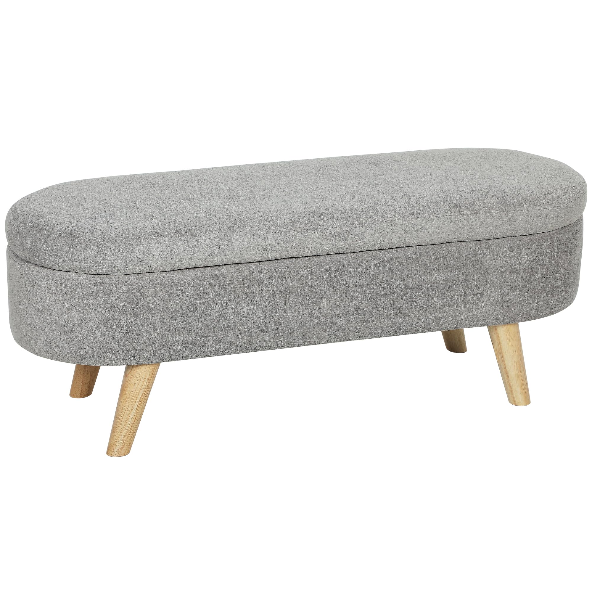 HOMCOM Banco Pie de Cama, Puff Almacenaje Tapizado en Terciopelo de Teddy con Patas de Madera y Asiento Acolchado, Banco de Almacenaje Ovalado para Dormitorio, Entrada, Pasillo, Gris Claro