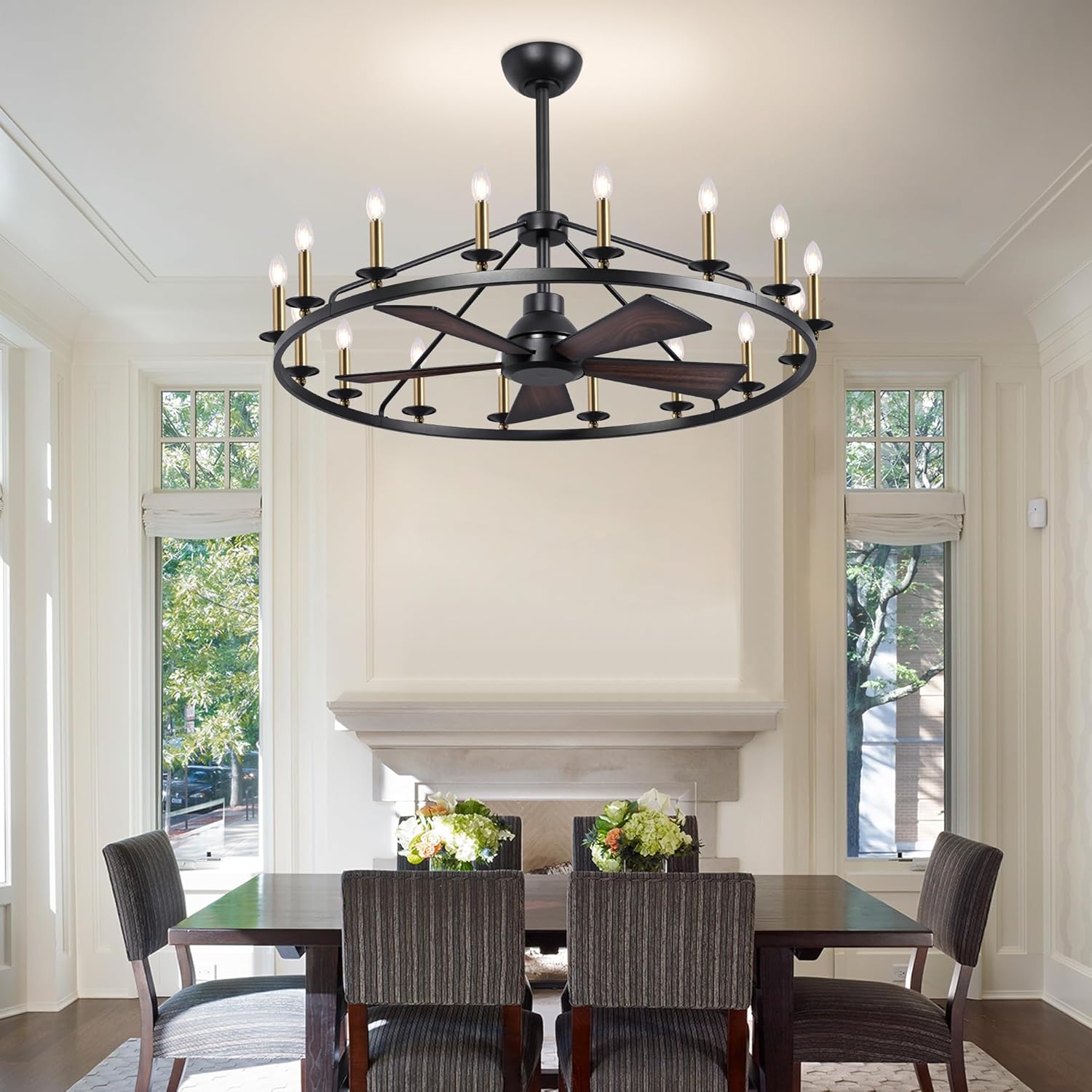 44" Wagon Wheel Chandelier with Fans, Black and Gold Wagon Wheel Ceiling Fan with 16-Light and Remote, Farmhouse Chandelier for Living Room, Adjustable Height, 6-Speed Reversible Quiet Large Fandelier