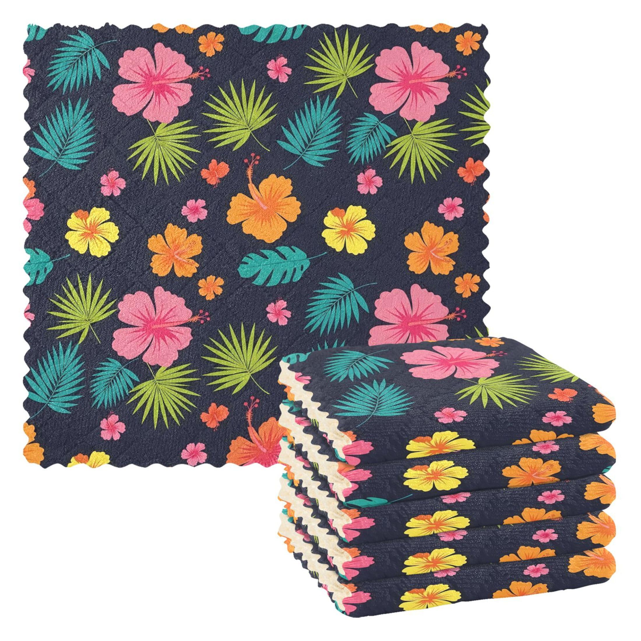 Fuauuyl Hibiscus Monstera Leaves Kitchen Dish Towel Set of 6, Soft Absorbent Washable Cleaning Cloths Dish Rags Tea Bar Drying Towels, 11x11 In