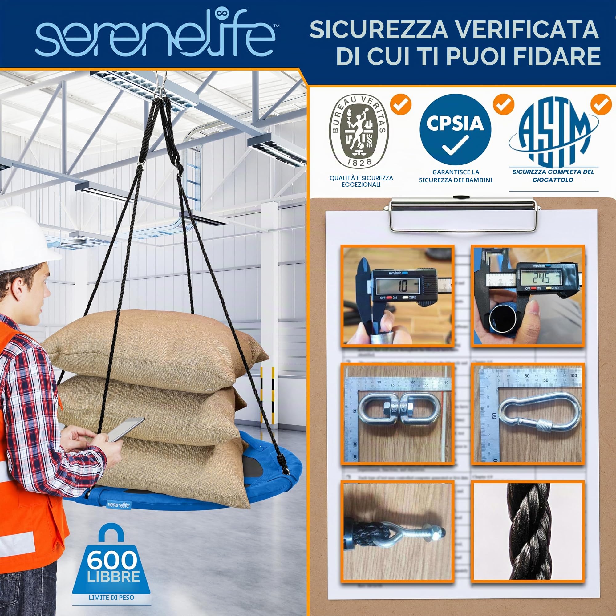 SereneLife Altalena da Giardino per Bambini Rotonda 102 cm con Kit di Fissaggio Universale, Altalena Corde Regolabili e Cuscino per Uso Esterno