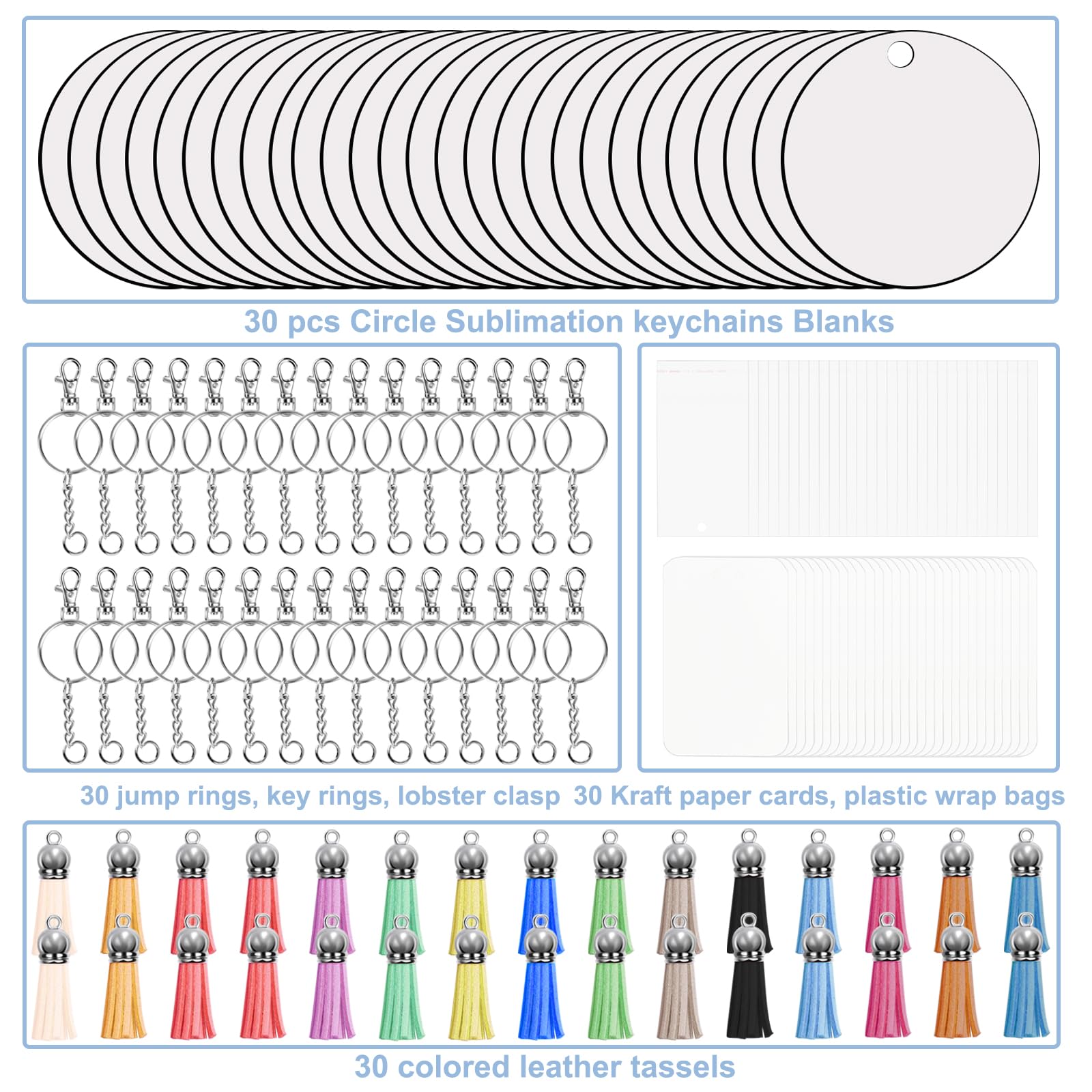 Fesorsi 210 Pcs Sublimation Keychain Blanks, 30 Parts Circular Fiberboard Keychain Blanks, Sublimation Blanks with Various Keychains and Tassel Pendants, for Handicrafts, Christmas Decorations