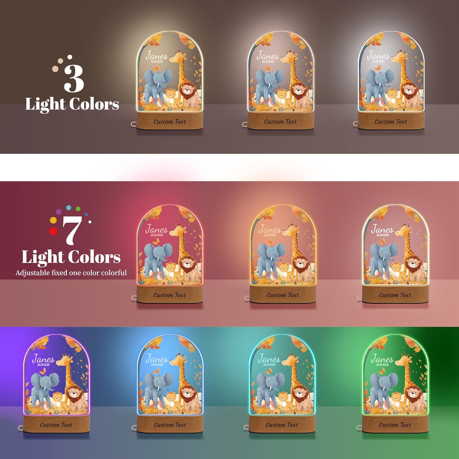7 Geeft Personalized Baby Gifts for Kids, Safari Jungle Animal Name Night Light for Toddler, Custom LED Acrylic Plaque Lamp, Perfect Christmas Newborn Baby Shower Gifts for Boys Girls Nursery Decor