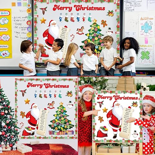 Miniatura 7 de Decoración de tablón de anuncios de Navidad, juego de tablón de anuncios de árbol de Navidad, bordes de Papá Noel, Feliz aula, recortes de tablón de