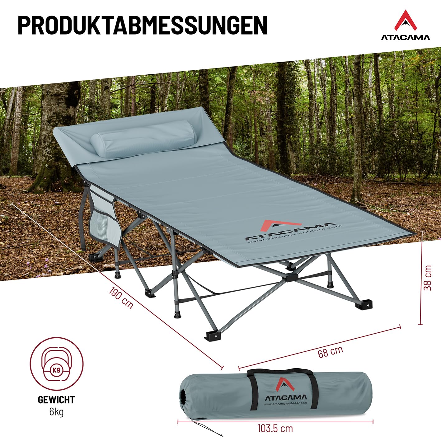 Atacama Feldbett Klappbar, Ultraleichtes Campingbett, Ideal für Outdoor-Abenteuer und Karpfenliege, komfortabel, tragbar Feldbett XXL, 190 x 68 x 38 cm