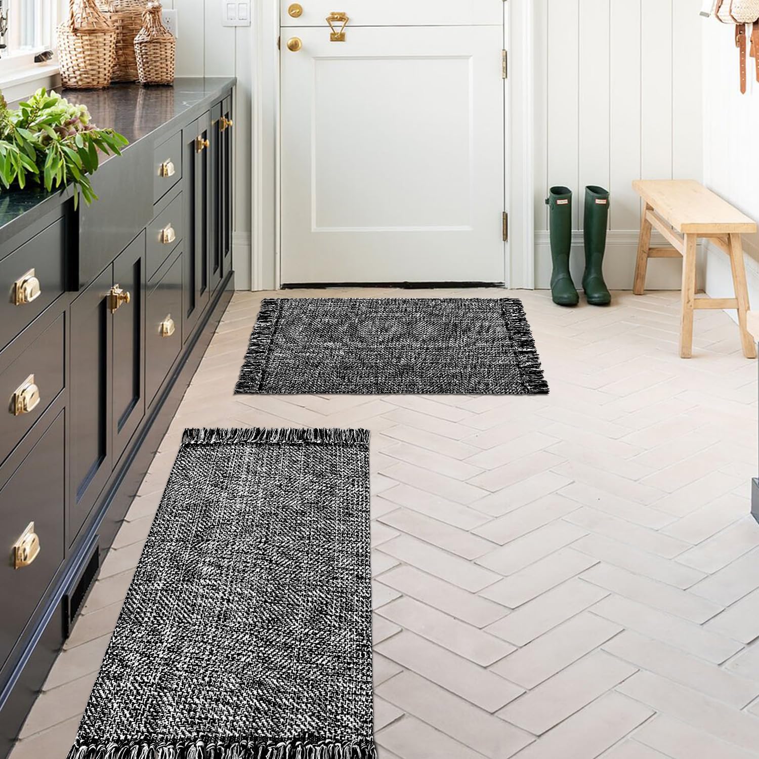 MitoVilla Bauernhaus-Badezimmerteppich-Set, 2-teilig – 6x90 Cm + 6x10 Cm, Hellbraun/creme, Waschbar