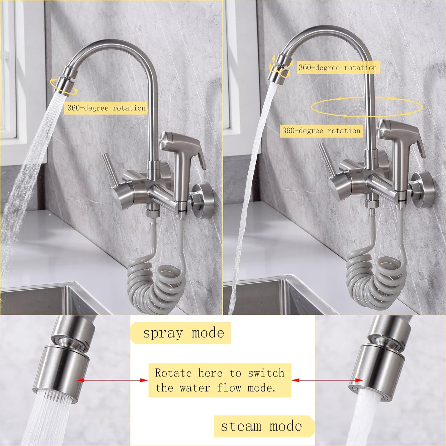 Wall Mount Kitchen Faucet with Side Sprayer, Commercial Sink Faucet 8 Inch Center, 360 Swivel Spout, Dual Functional Sprayer, Utility Sink Mixing, 304 Stainless Steel, Brushed Nickel Finish