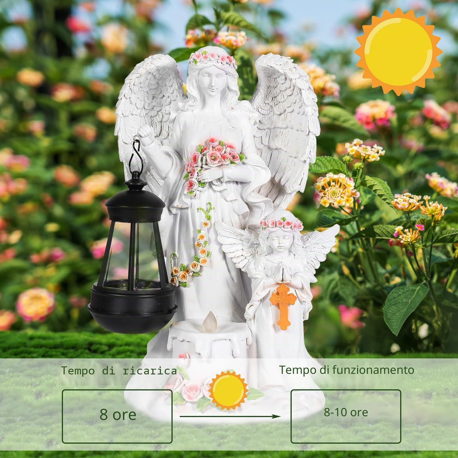 Statue da giardino a forma di angelo custode con lanterna solare a LED, decorazione per esterni, resistente alle intemperie, per cimitero, scultura d'angelo, giardino, terrazza, davanzale, 33