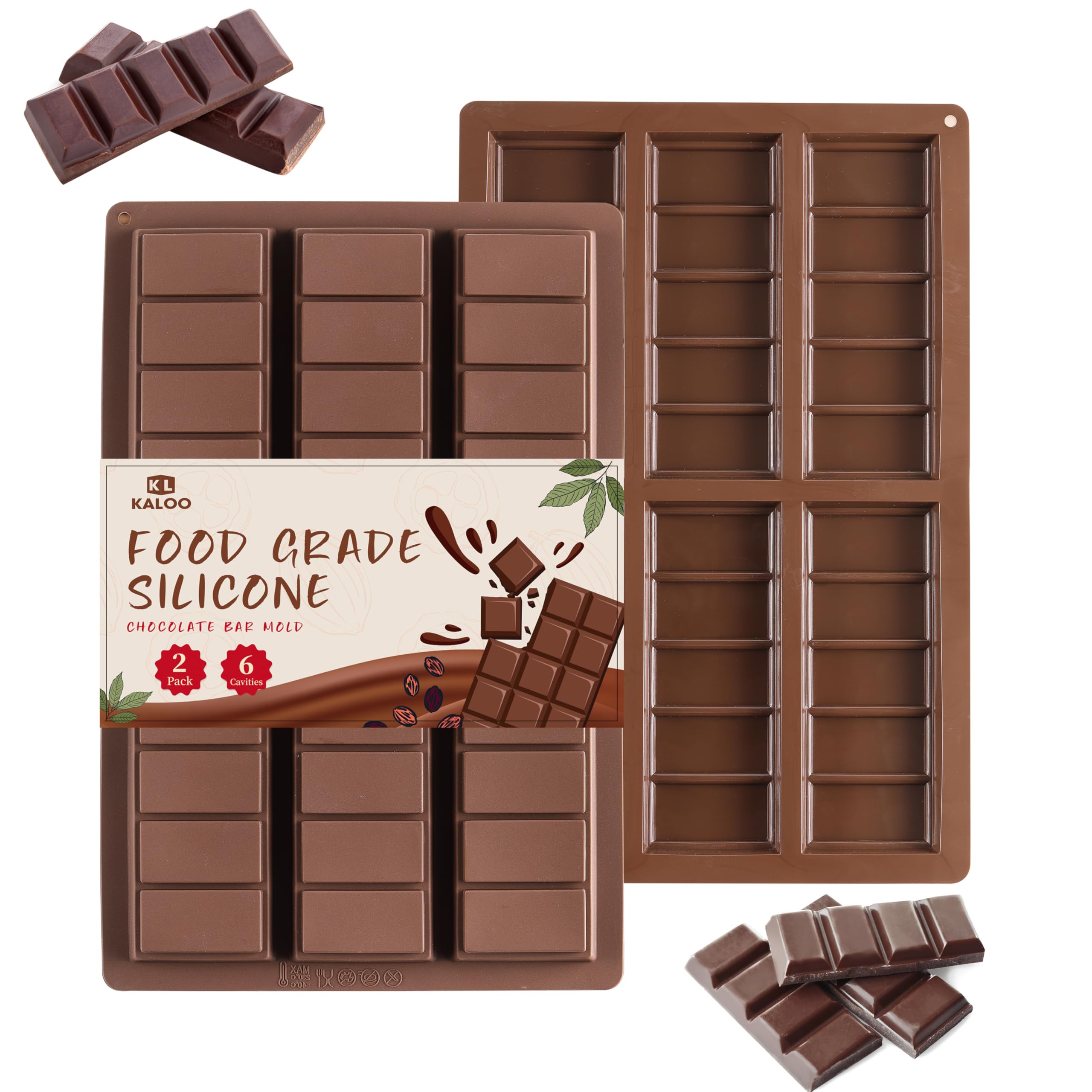 2PCS Chocolate Bar Mold Deep, Kaloo Silicone 6 cavities Thick Chocolate Bar Mold for Stuffed Bar, Non Stick Silicone Chocolate Molds for Filling Chocolate, Energy, Portein and Candy Bar