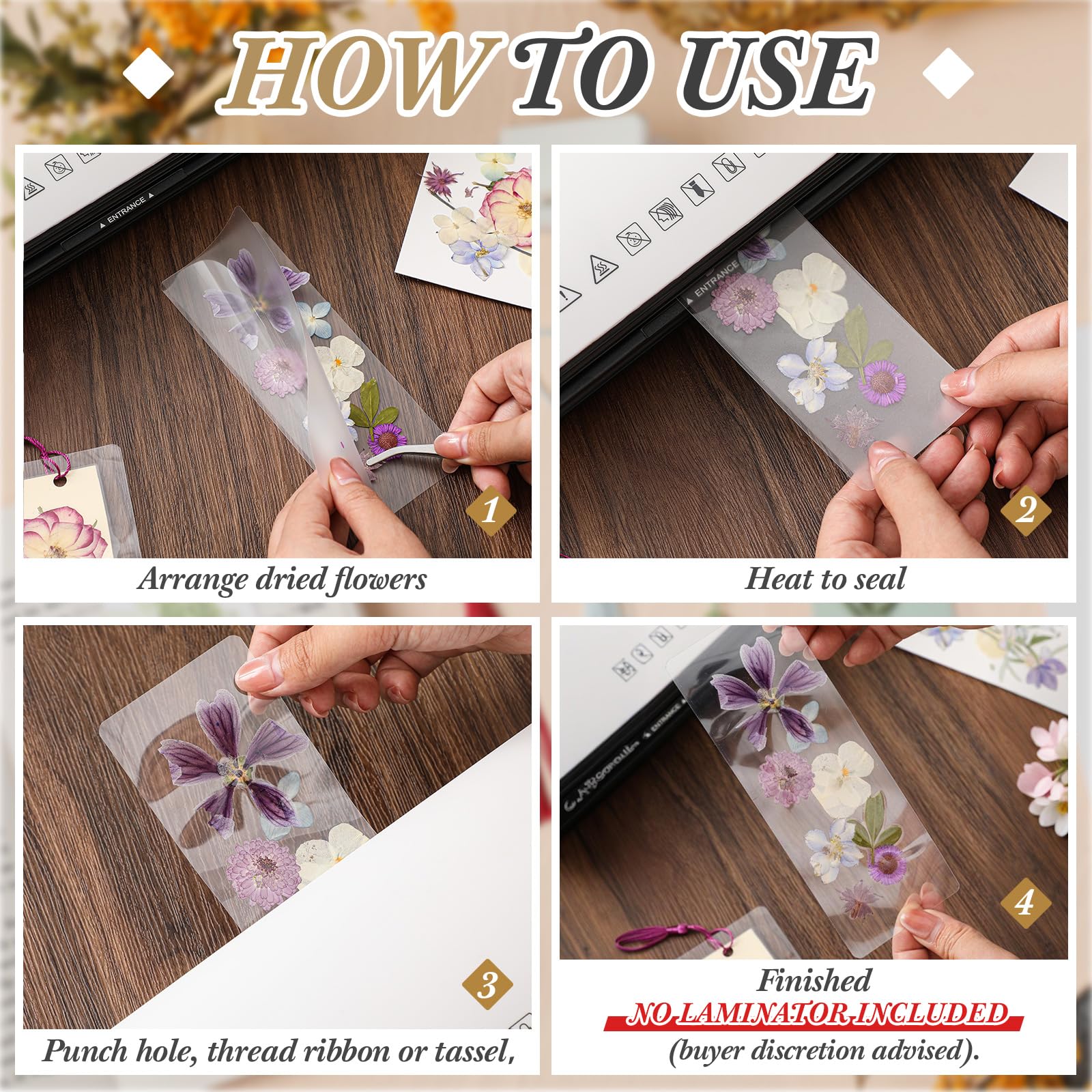 Fuyoooo Kit da 150 segnalibri con fiori secchi, 2 buste trasparenti per laminazione per segnalibro da 15 cm, per la festa della mamma, amanti dei libri (viola)