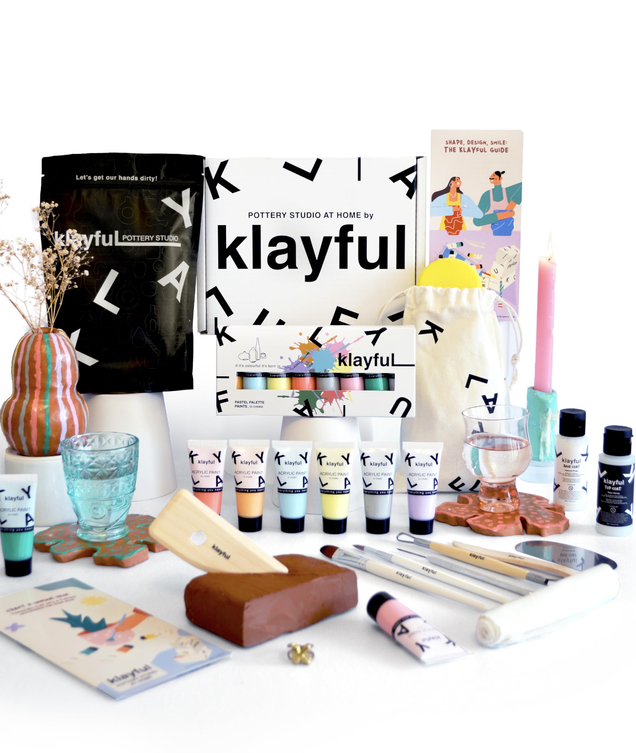 KLAYFUL- Kit Argilla Terracota Senza Cottura 1,5kg per Principianti – Kit Ceramica Fai da Te | Strumenti, Colori Pastello, Pennelli, Smalto, Guida Passo a Passo
