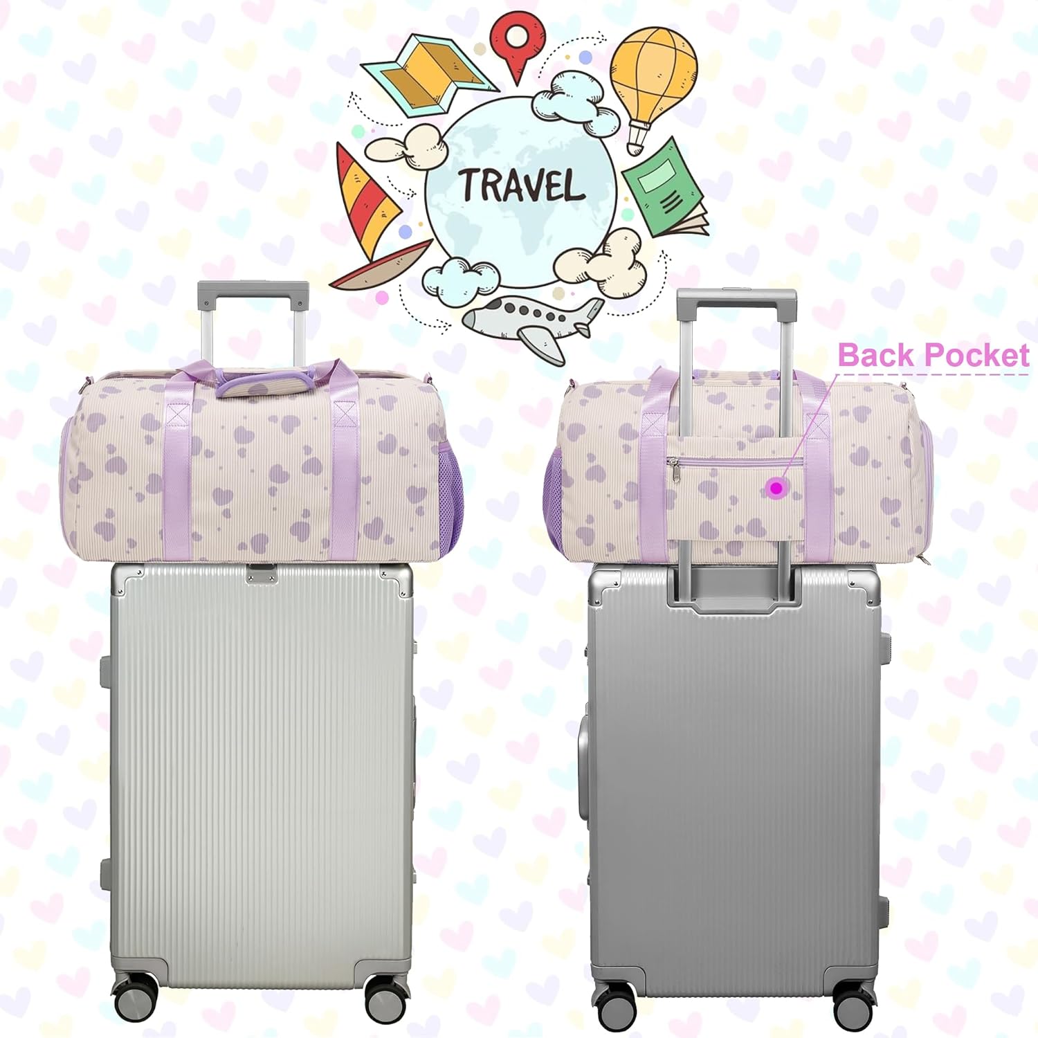 Corduroy Dance Bag Girls Duffle Bags Gymnastics Overnight Sleepover Gym Bag with Shoe Compartment and Wet Pocket,Heart Shape - Image 7