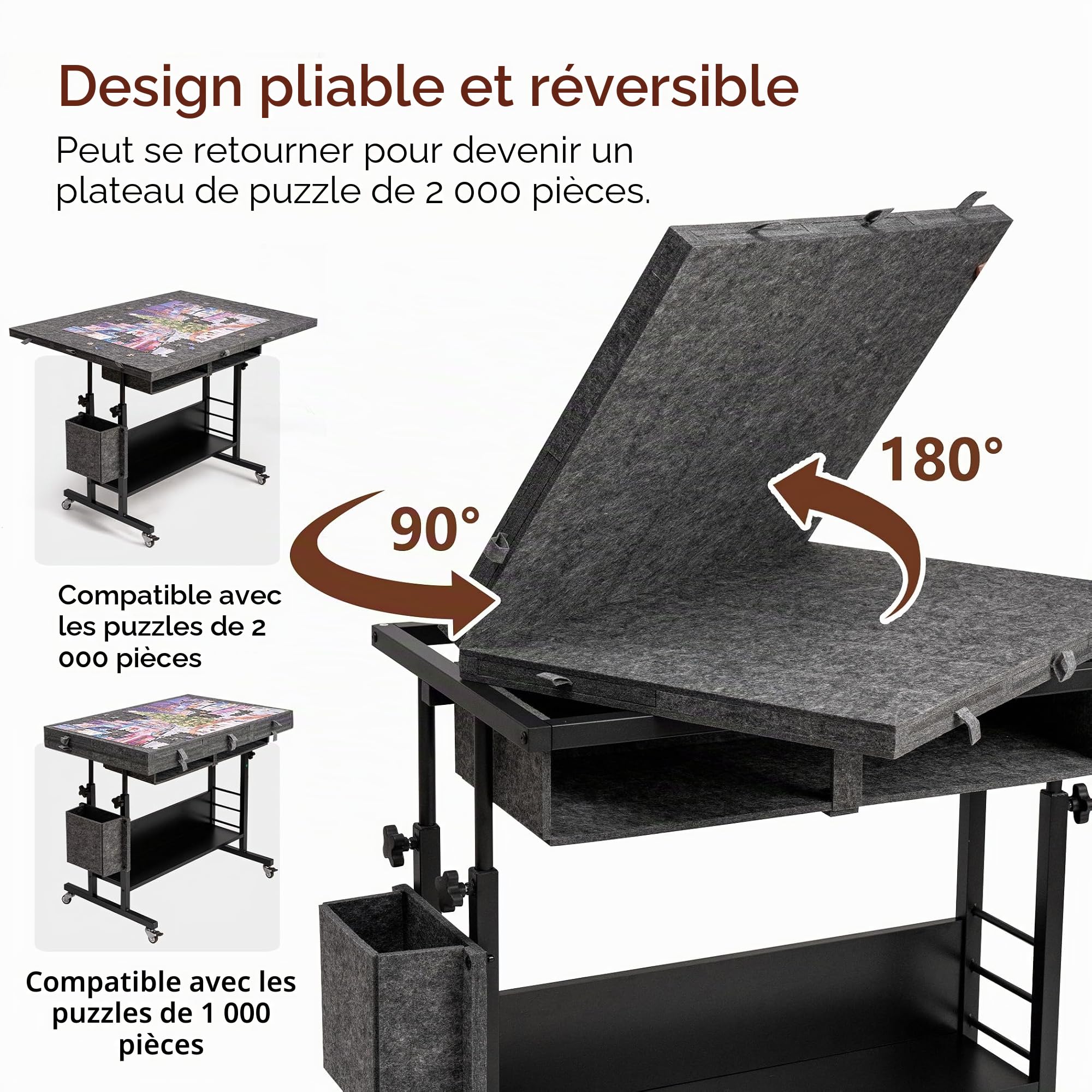 Tektalk Table de Puzzle Pliable en Feutre de 2000 pièces avec réglage de la Hauteur, Planche de Puzzle pour Adultes avec 2 couvertures et 8 Plateaux de tri/tiroirs, chevalet avec Pieds, fermée avec 4