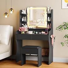 wanan Vanity Desk with Mirror and Lights, Makeup Vanity with 3 Color Adjustable Brightness, 2 Large Drawers and Open Storage Shelves, Dressing Table with Chair and Power Strip for Girls Bedroom, Black