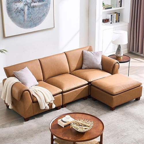 97 Inches Cloud Modular Sectional Sofa, L Shaped Brown Leather Couch with Reversible Chaise, 3 Seater Convertible Comfortable Sofa Couch for Living Room/Apartment