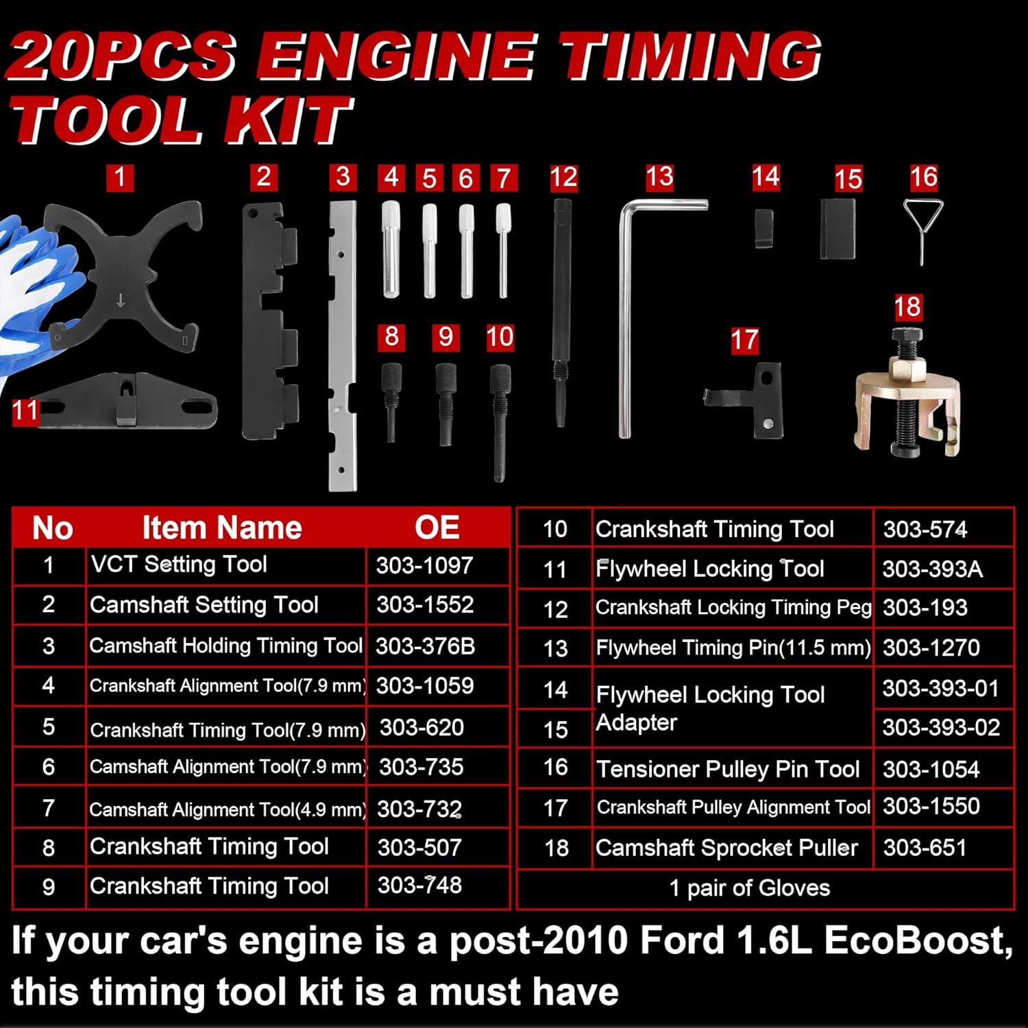 20Pcs Camshaft Timing Tool Kit Flywheel Locking Tool Compatible for Ford Fiesta Fusion Focus Compatible for Volvo Engines 1.4 1.6 1.8 2.0 Di TDCi TDDi ECOBOOST 1.6 Ti-VCT 1.5 1.6 VVT