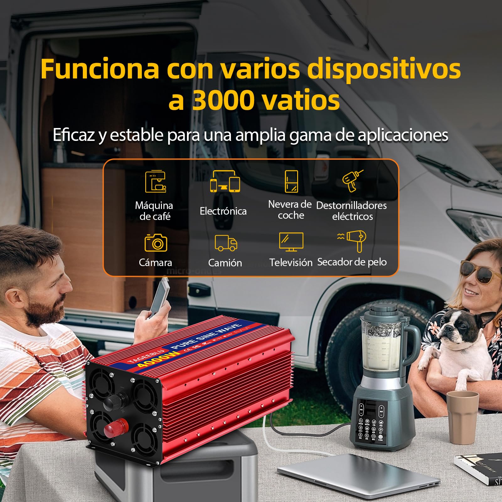 4000W inversor 12v 220v Onda Pura, convertidor 12v 220v con 2 AC Tomas, Pantalla LCD