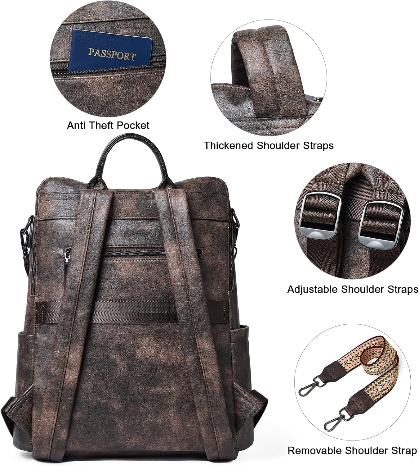 Shrrie 15.6 inch Laptop Backpack for Women,Large Leather Backpack Purse,Travel,Carry on,Water Resistant Casual Laptop Backpacks,College Backpack,Work Backpack for Women,Two-toned Coffee - Image 8