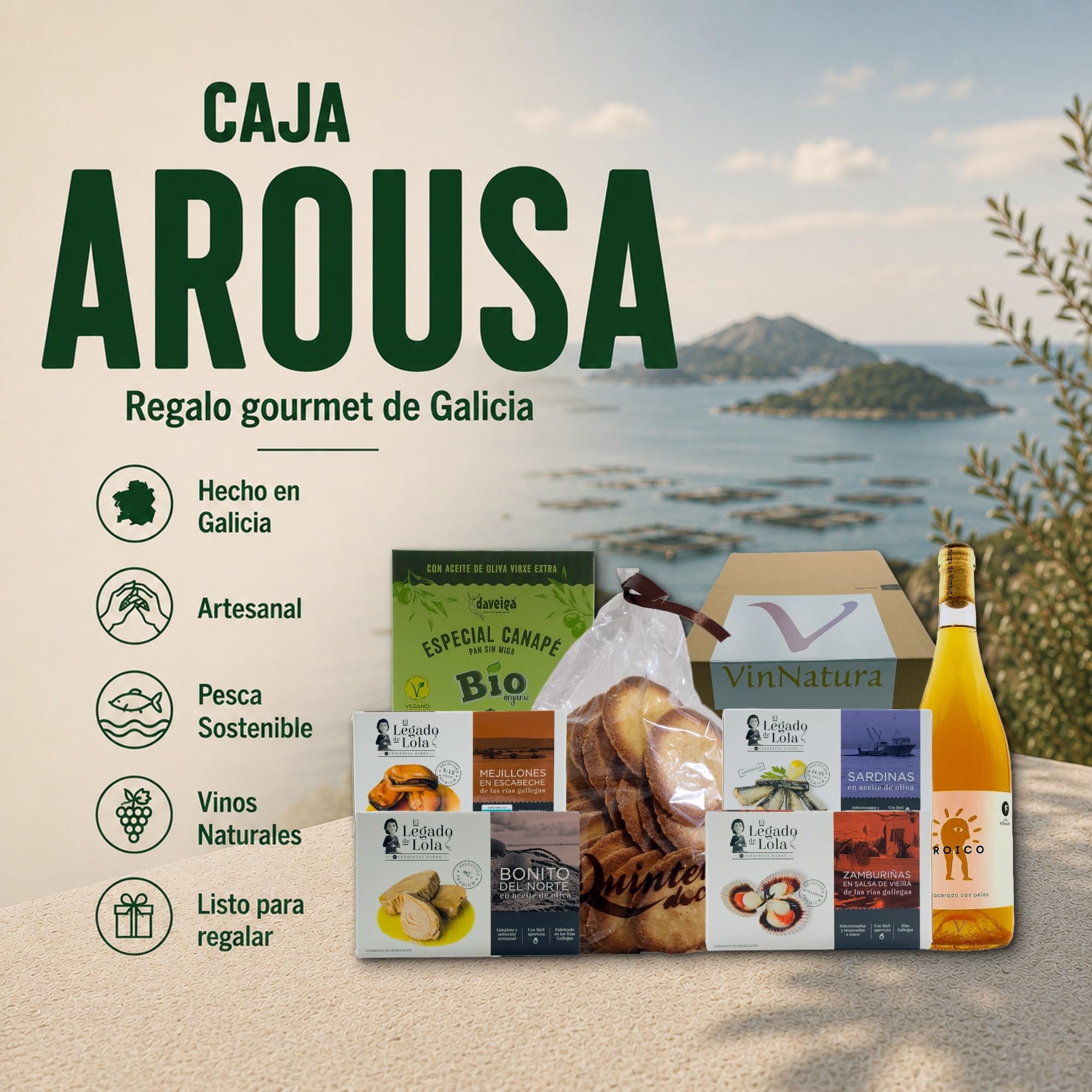 Caja Gourmet Arousa de VinNatura con Conservas Artesanales y Vino Naranja | Regalo gourmet gallego, regalos de empresa, cesta con vino, elaboración tradicional, tarjeta personalizable