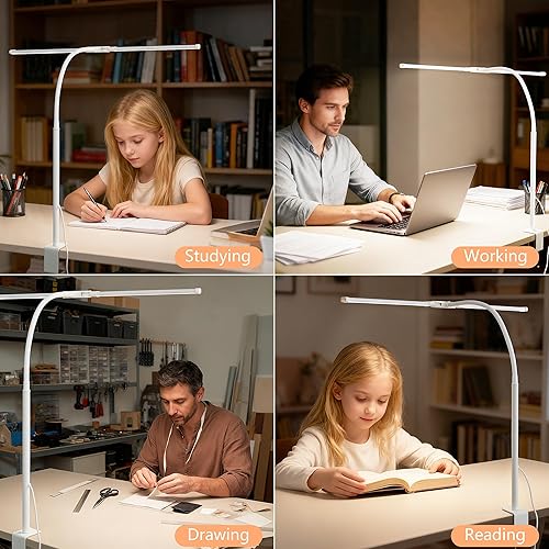 Miniatura 7 de Lámpara de escritorio LED de doble cabezal para oficina y hogar, luz de escritorio ajustable y flexible para el cuidado de los ojos, 5 modos, 10