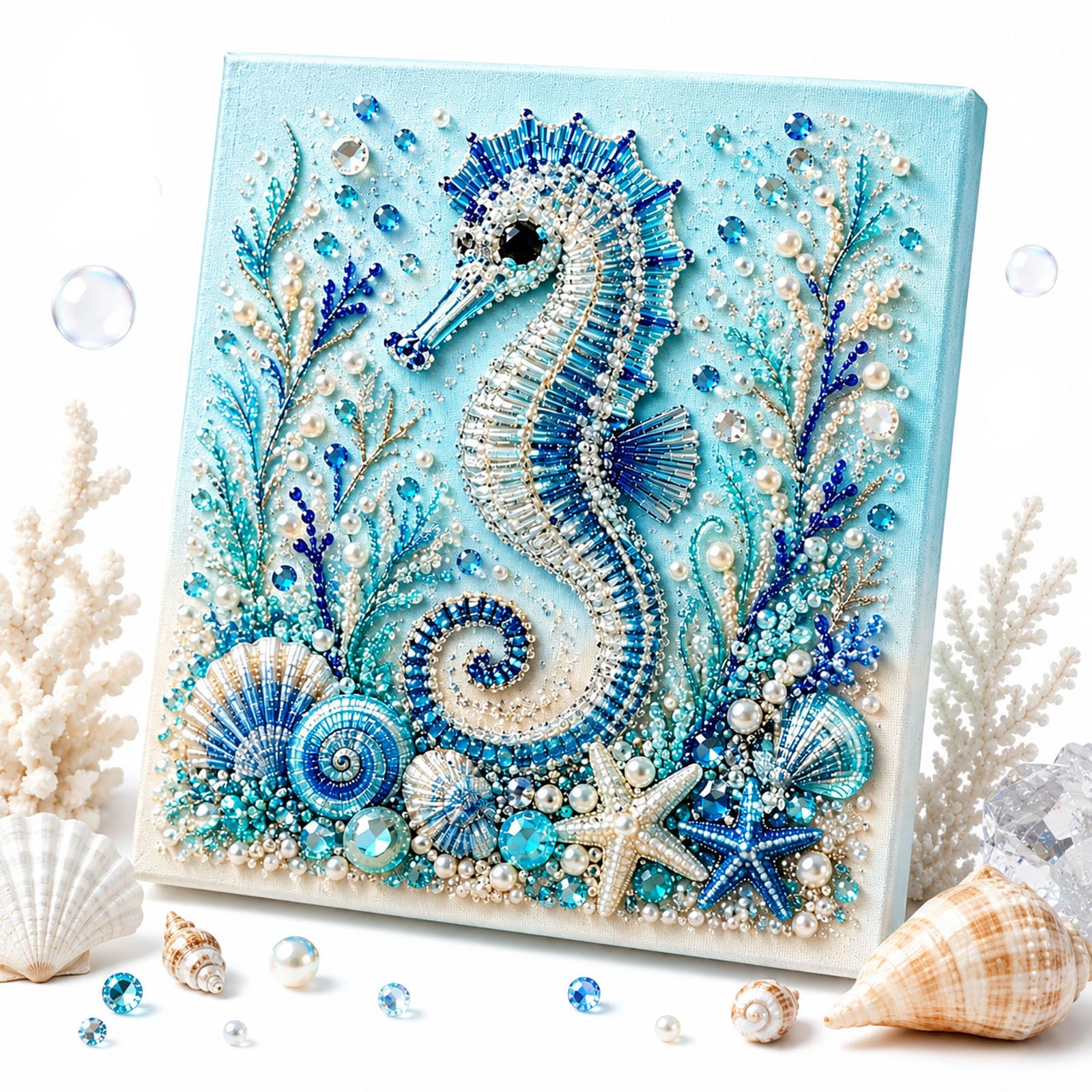 Everydries Ocean Theme Pearl Art DIY Kit, Octopus Diamond Art, Wall Art, Pearl Painting Kits for Adults, 3D Diamond Seashell Art (Seahorse)