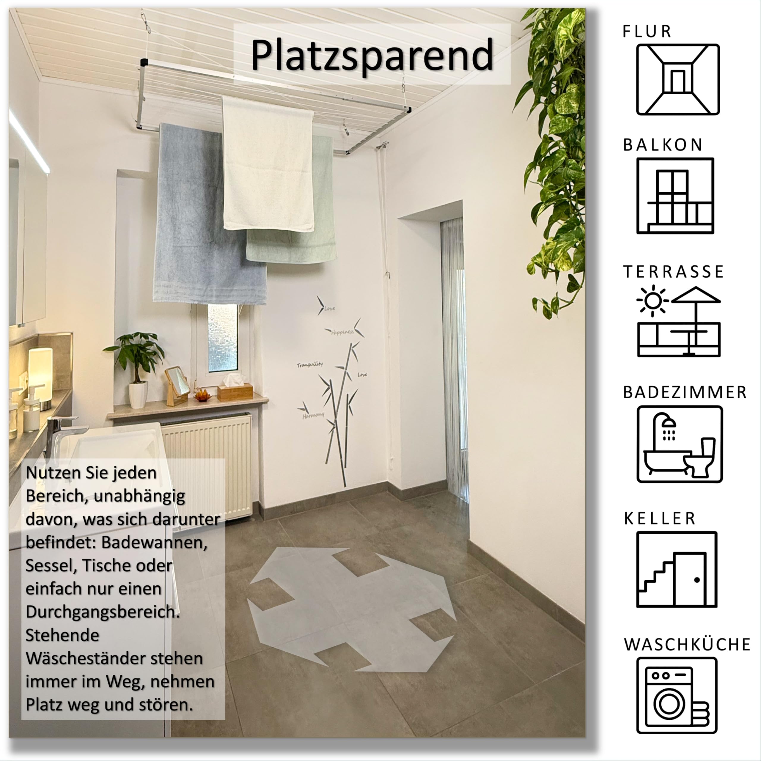 Flex UP Deckenwäscheständer - Deckentrockner ausziehbar - Wäscheständer für die Decke – für Badewanne, Balkon, in- und Outdoor – platzsparend - Deckenbefestigung 100-160 cm (Mit Handgriff)