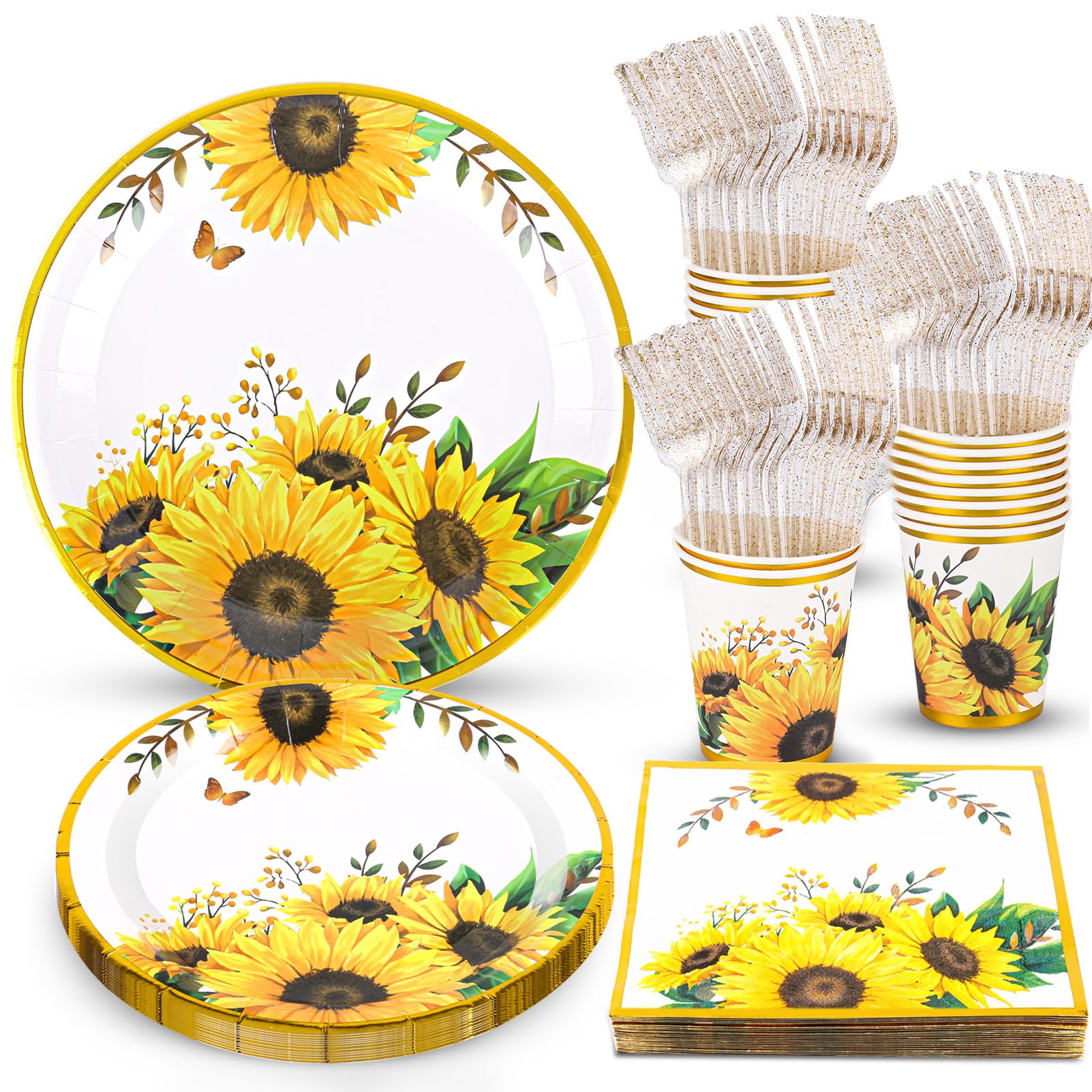 Sunflower Party Supplies, Sunflower Plates and Napkins Set, Disposable Sunflower Plates, Party Cups, Napkins and Forks for Sunflower Birthday, Baby Shower, Bridal Shower, Sunflower Parties Serves 24