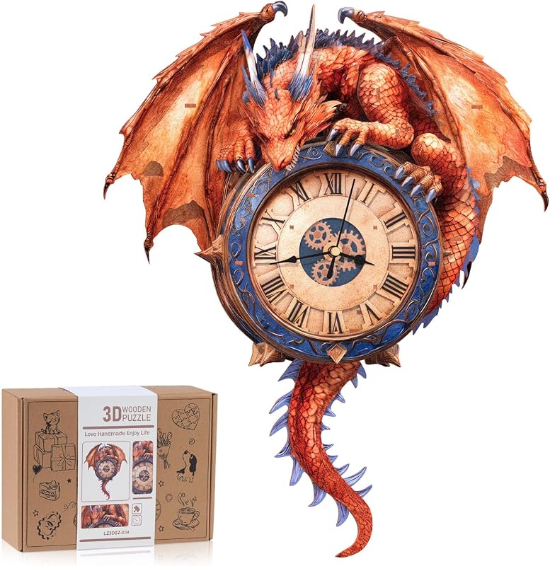 3D Puzzles for Adults, 3D Puzzle Fiery Dragon Clock Kit (with Pendulum), Wooden Puzzles for Adults Home Decor DIY Clock Crafts for Adult Puzzle Gifts for Men Women