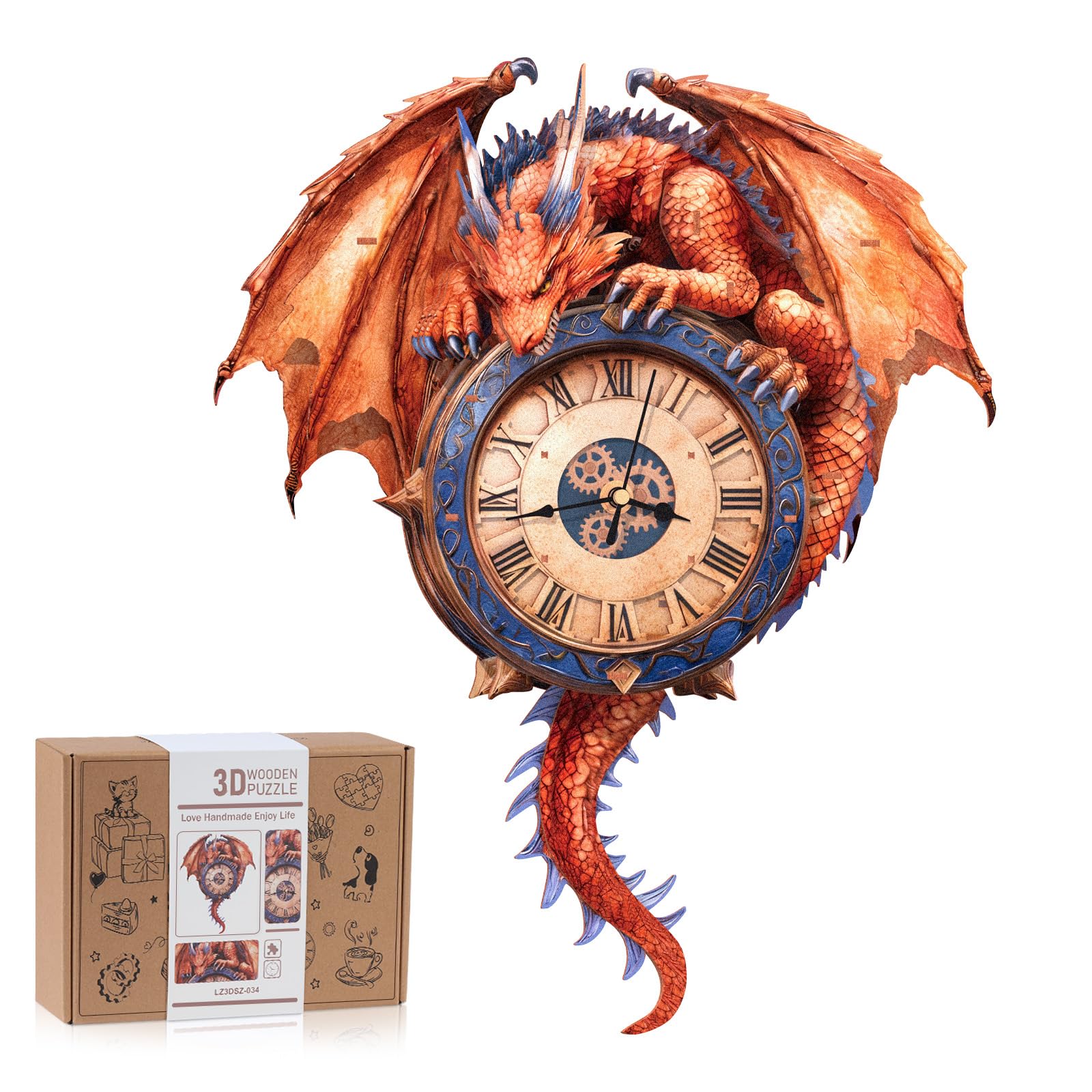 WEBYEARO 3D Wooden Puzzles for Adults, 3D Puzzle Fiery Dragon Clock Kit (with Pendulum), Wooden Puzzles for Adults Home Decor Diy Clock Crafts for Adult Puzzle Gifts for Men Women