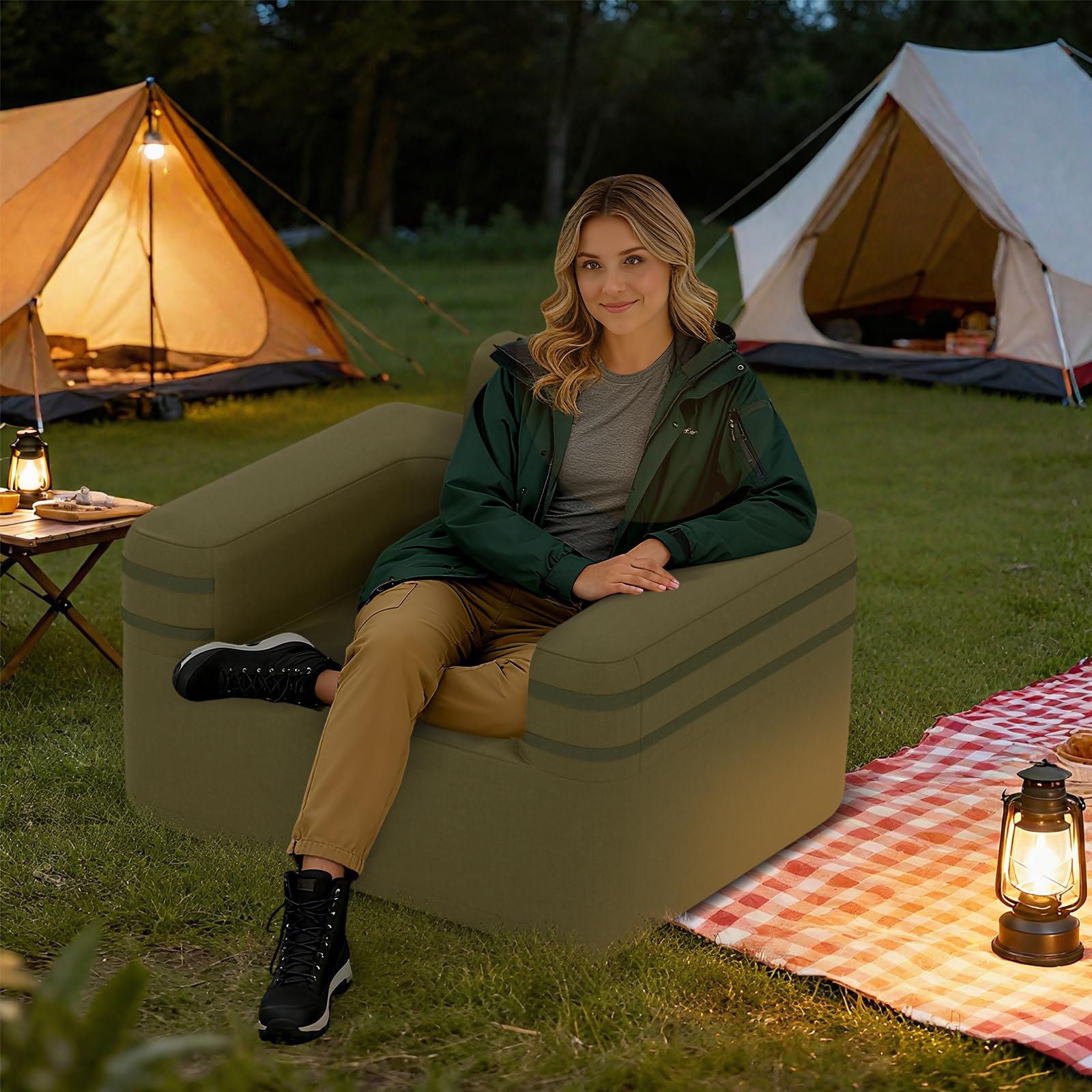 COSTWAY Silla Inflable para Camping, Sofá Hinchable con Bomba Portátil Desmontable, Tela Oxford, Bolsillo de Almacenamiento, Sofá de Aire Individual para Salon, Camping, Picnic, Playa, Carga 150 kg