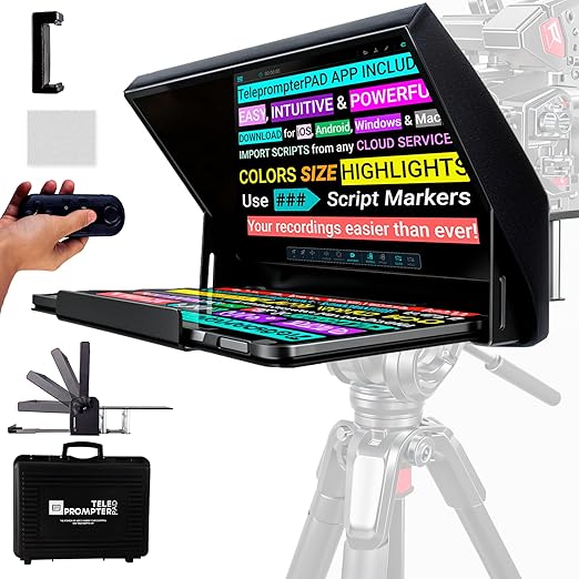 iLight PRO 14" iPad 12.9 Tablet Prompter for Apple Android Windows Mac - Kit with Remote Control Hardcase APP, Large Screen Professional Autocue Multicam Beamsplitter Glass Made in EU