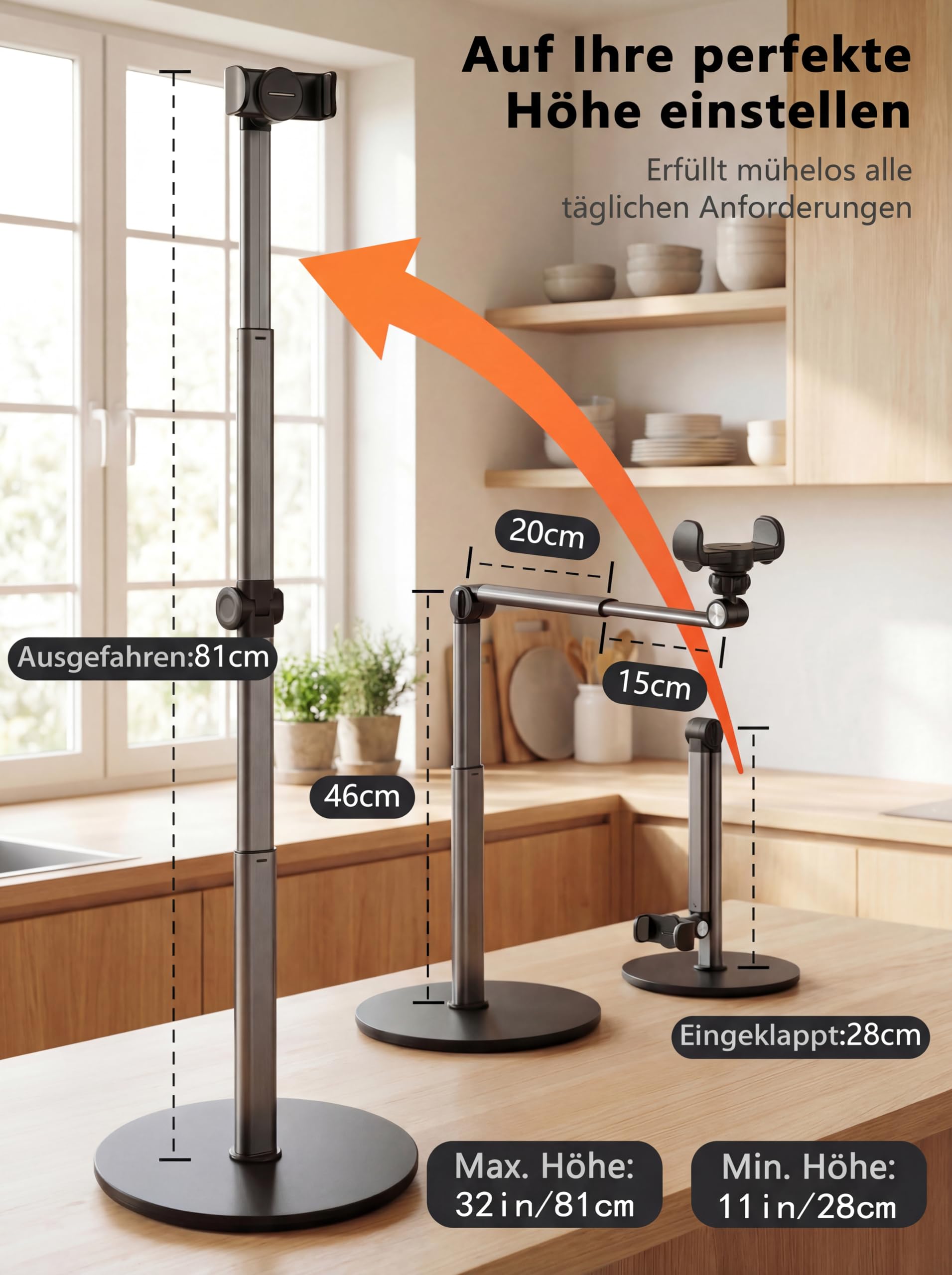 Overhead Stativ Handy mit Teleskoparm, Schweres Aluminium Tischstativ für Smartphone (28-81 cm Höhenverstellbar), 360° Drehbarer Handyhalter Tisch für Videoaufnahmen, Live-Streaming, Kochen & Zeichnen