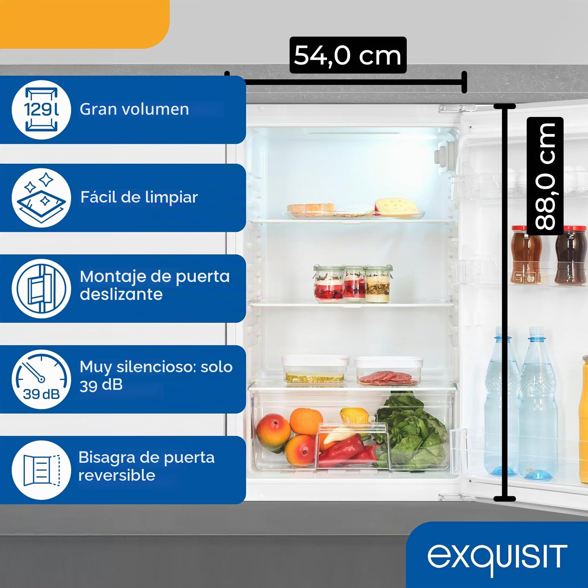 Exquisit EKS5131-V-040E - Nevera empotrable sin congelador, capacidad de 129 litros, frigorífico integrado de 88 cm, montaje en puerta de remolque, color blanco